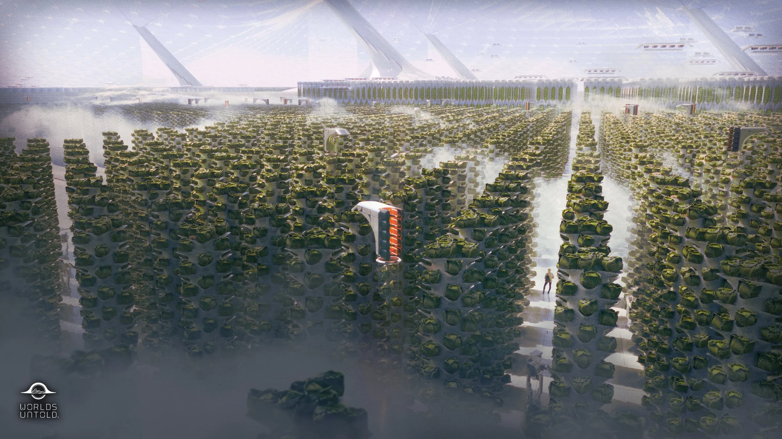 An artistic futuristic cityscape with rows of floating green ship-like objects and large advanced buildings in the background.