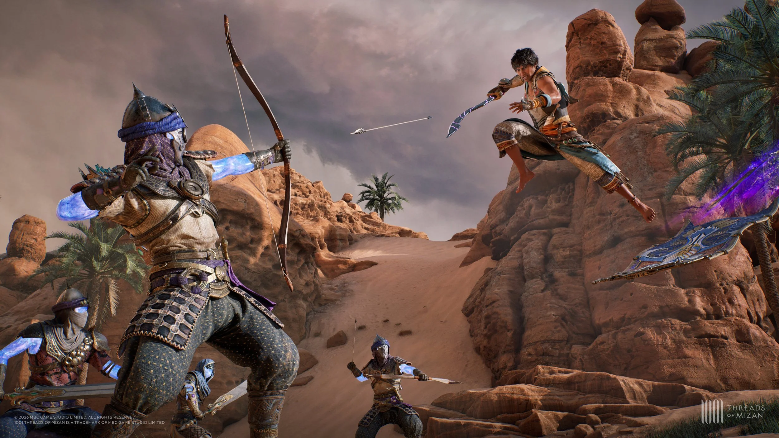 A group of fantasy warriors fighting in a desert landscape with rocky formations and sparse vegetation. One warrior is mid-air, wielding a curved weapon, while another aims an arrow at him, with several others positioned on the ground.