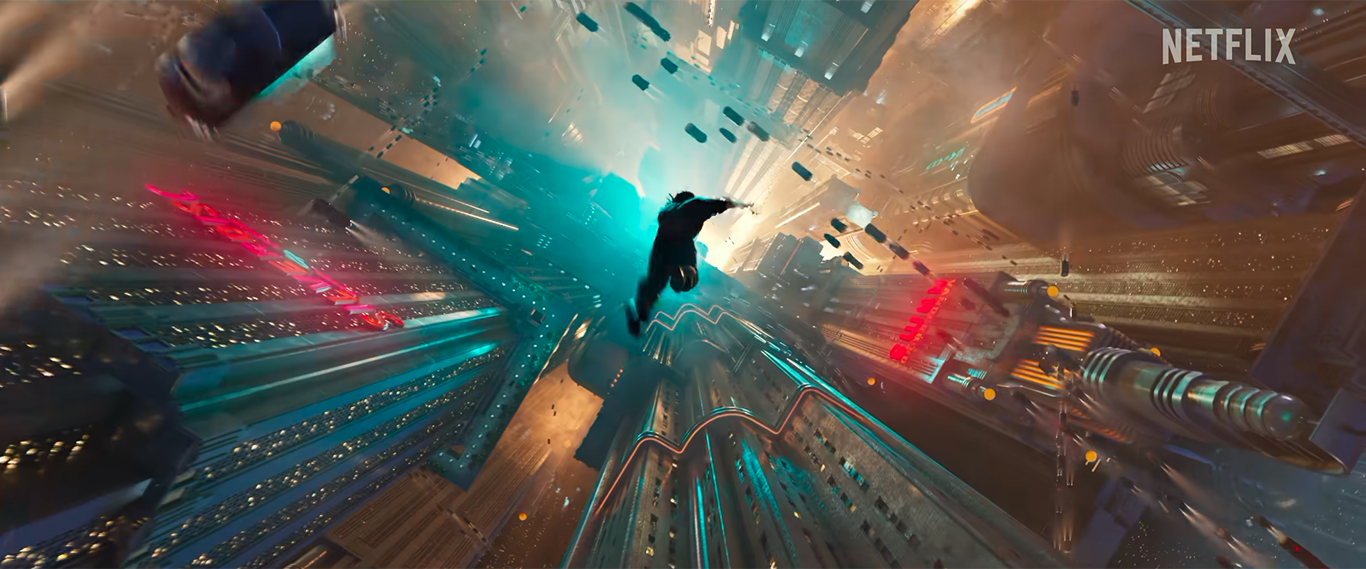 A person falling through a futuristic cityscape with tall neon-lit skyscrapers and flying vehicles, with a bright blue and red glow, resembling a scene from a sci-fi movie.