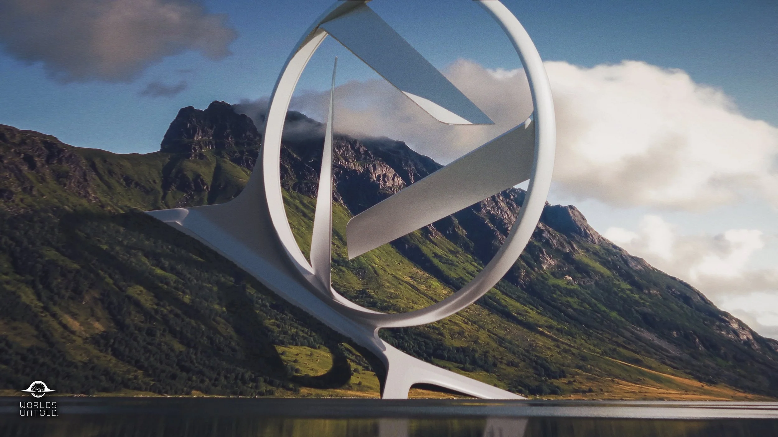 A modern, abstract sculpture with overlapping circular and rectangular shapes, positioned outdoors against a mountainous landscape with green slopes and cloudy sky.