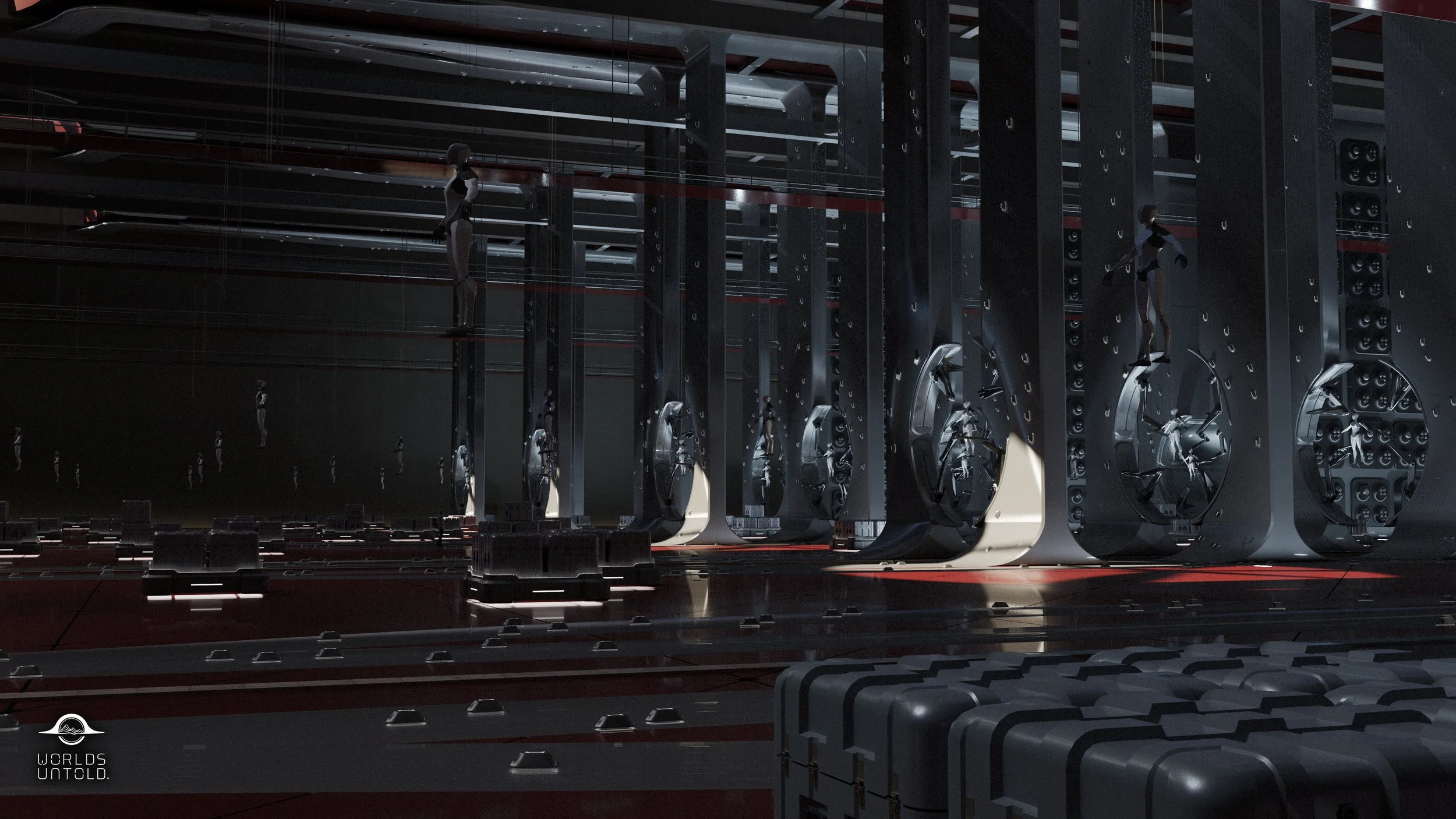 A futuristic, dark industrial interior with multiple suspended humanoid robots and large metallic structures.
