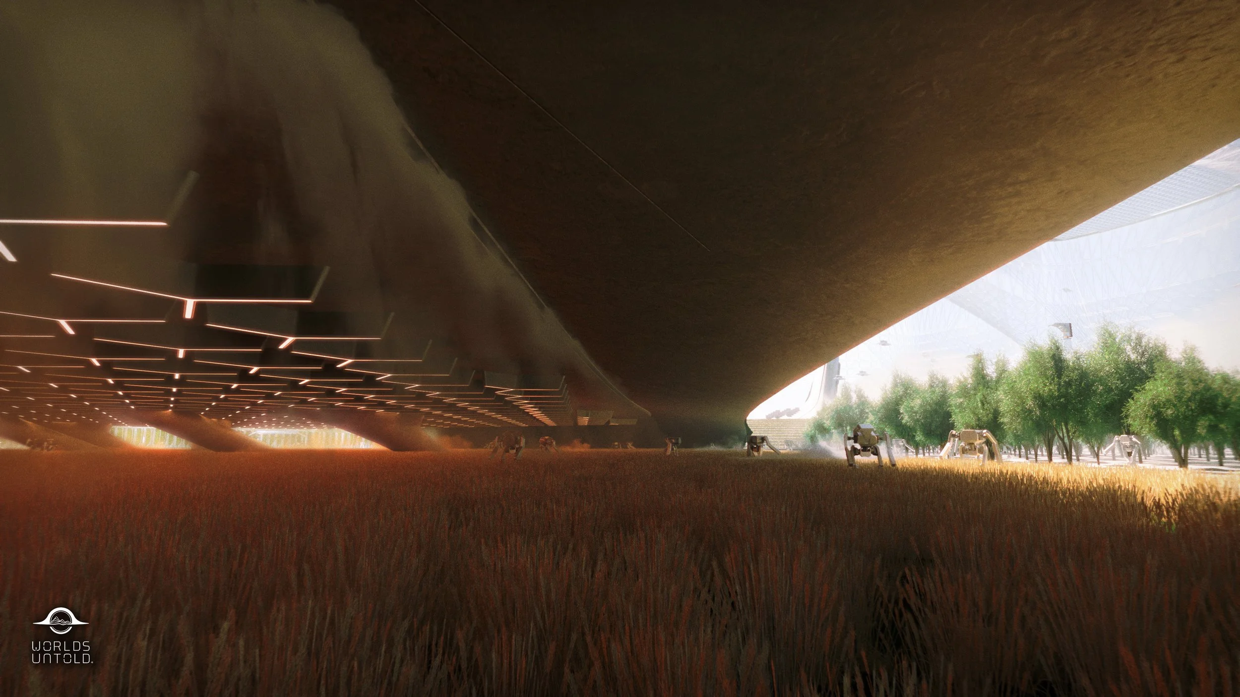 Futuristic structure with large overhanging roof and architectural lighting, surrounded by green trees on a grassy field.