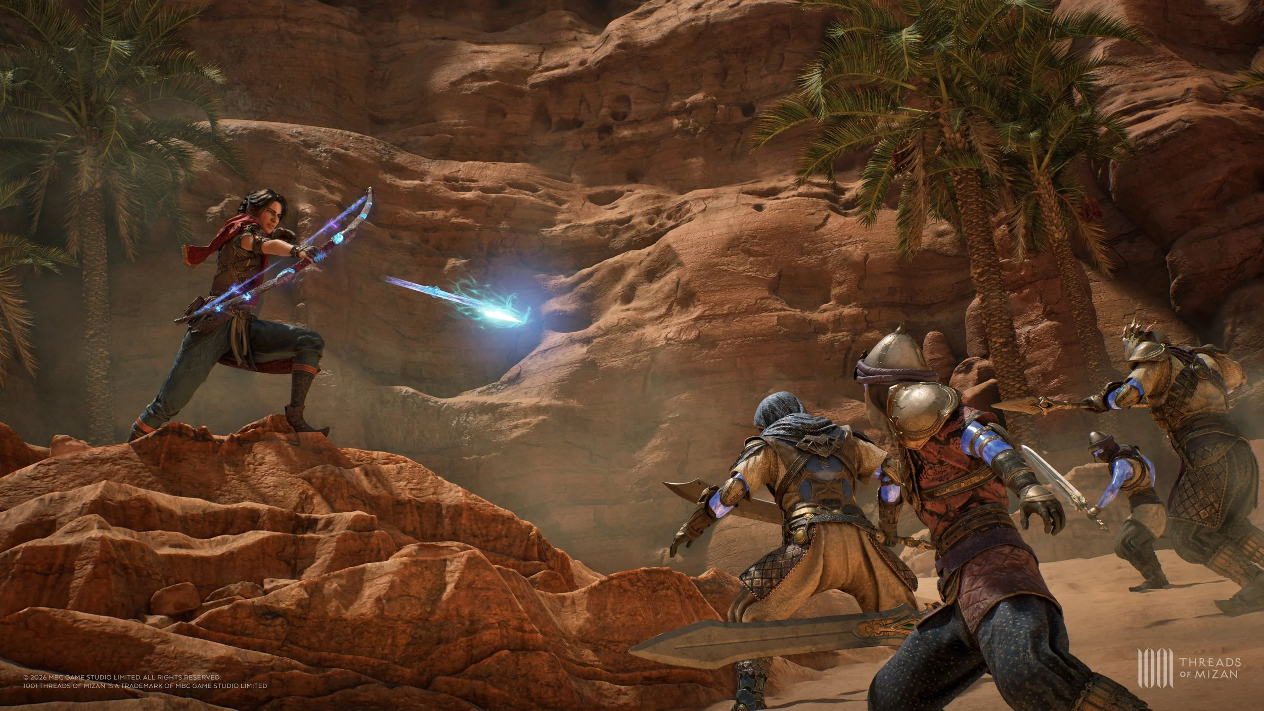 A fantasy scene in a desert canyon with a female archer shooting glowing blue arrows at armored warriors. The scene includes palm trees and red rock formations.