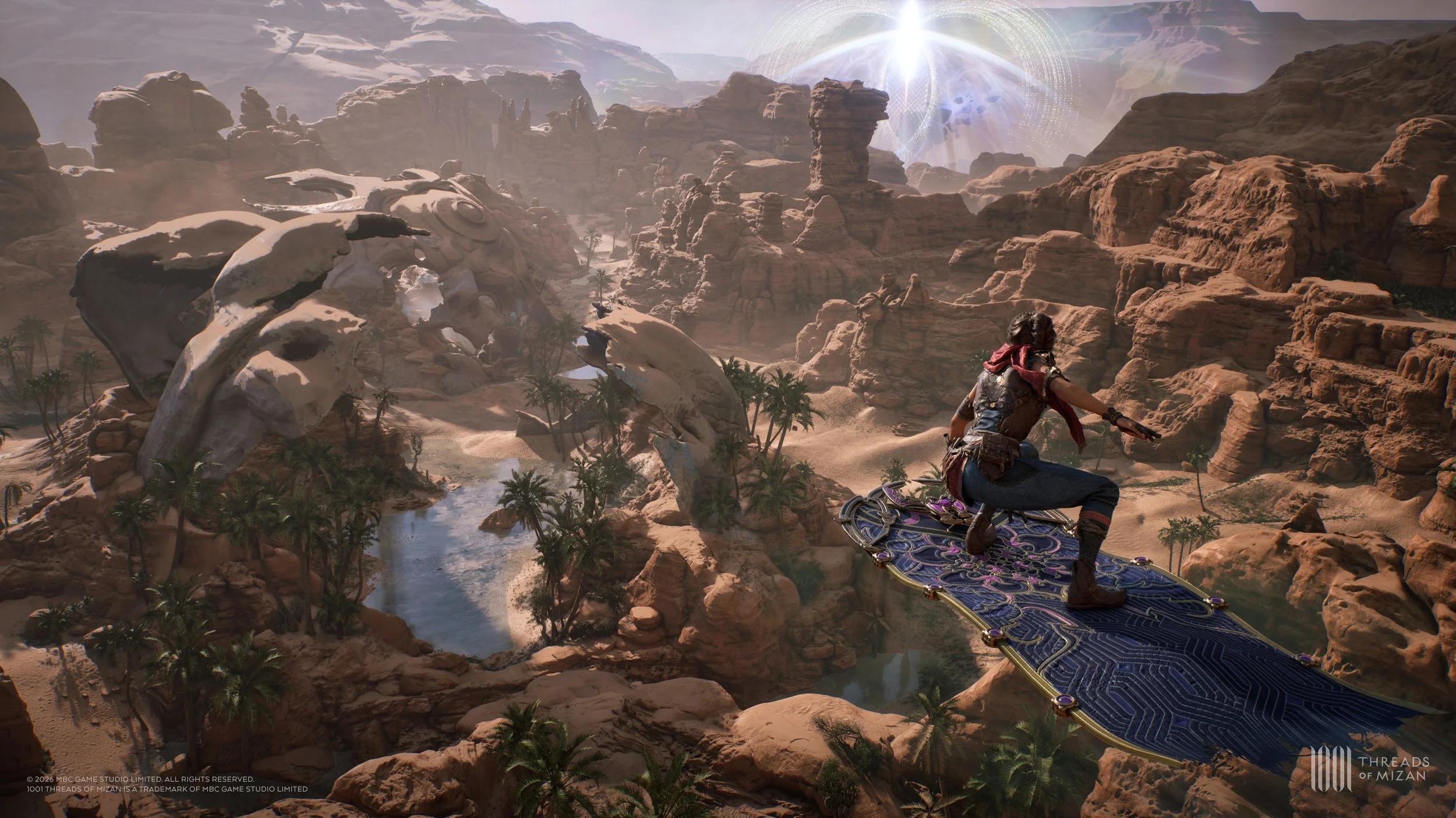 A person riding a futuristic hoverboard over a desert canyon landscape with rocks, waterfalls, palm trees, and a bright glowing light in the sky.