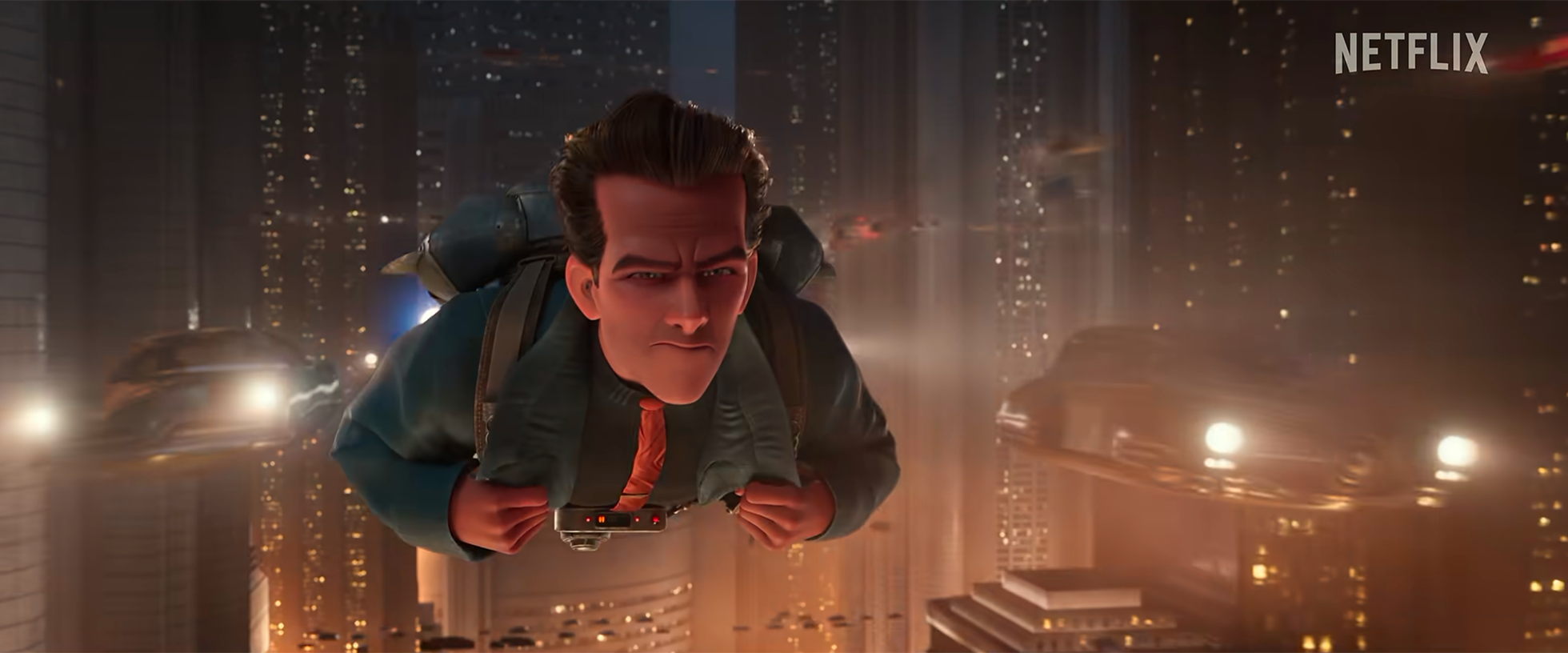 Animated man in a business suit with a red tie, flying through a cityscape at night, holding a device in his hands, with tall buildings and cars around him, from the animated film 'The Secret Life of Walter Mitty' on Netflix.