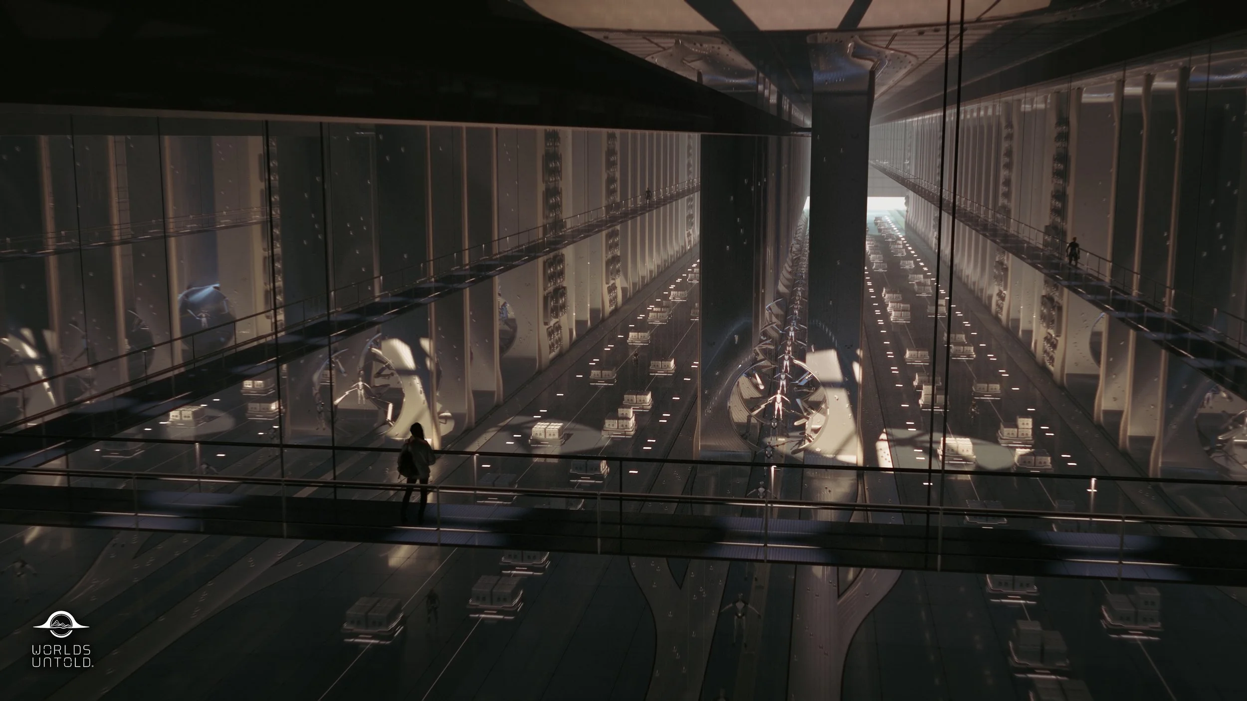 Inside a futuristic building with large glass walls and a view of machines and infrastructure outside. A person stands on an observation balcony in the foreground.