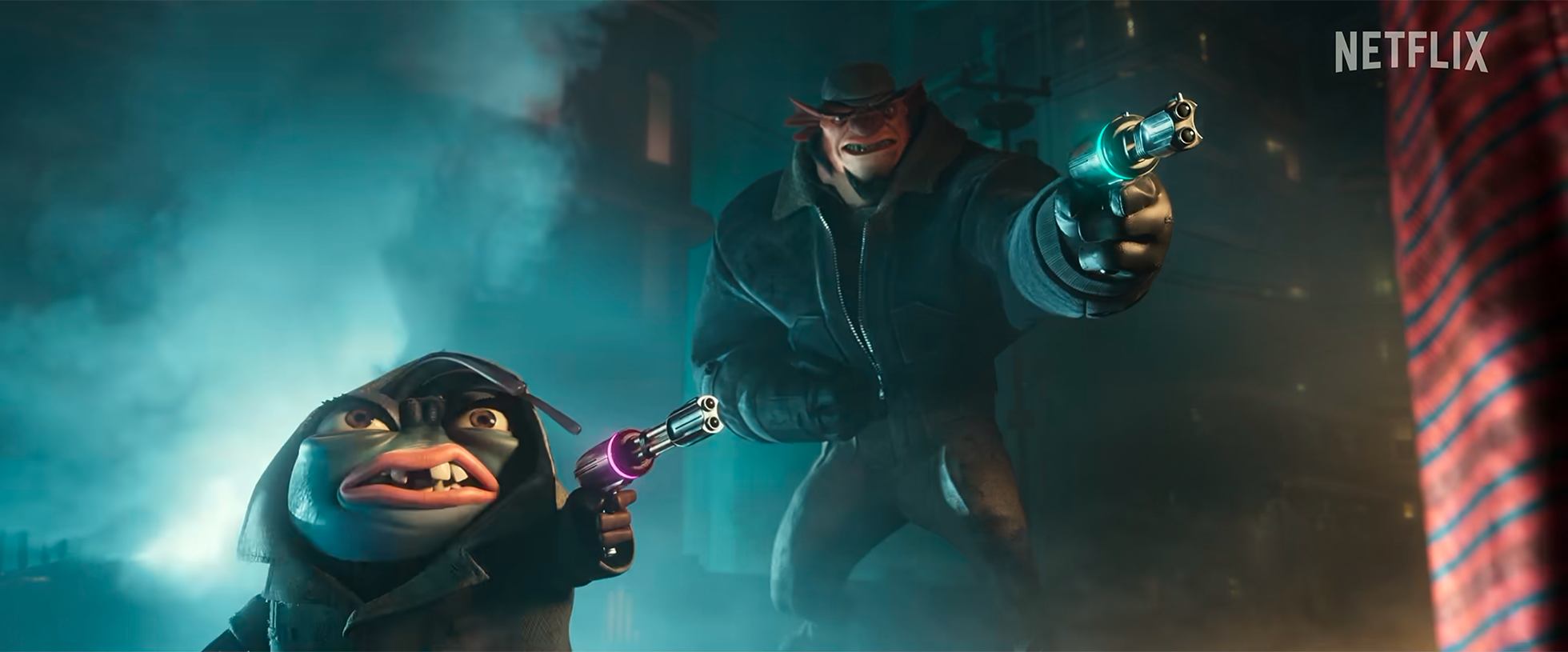 Animated characters in a dark city street, holding futuristic guns and pointing them at something off-screen, with a foggy, neon-lit background and a Netflix logo in the top right corner.