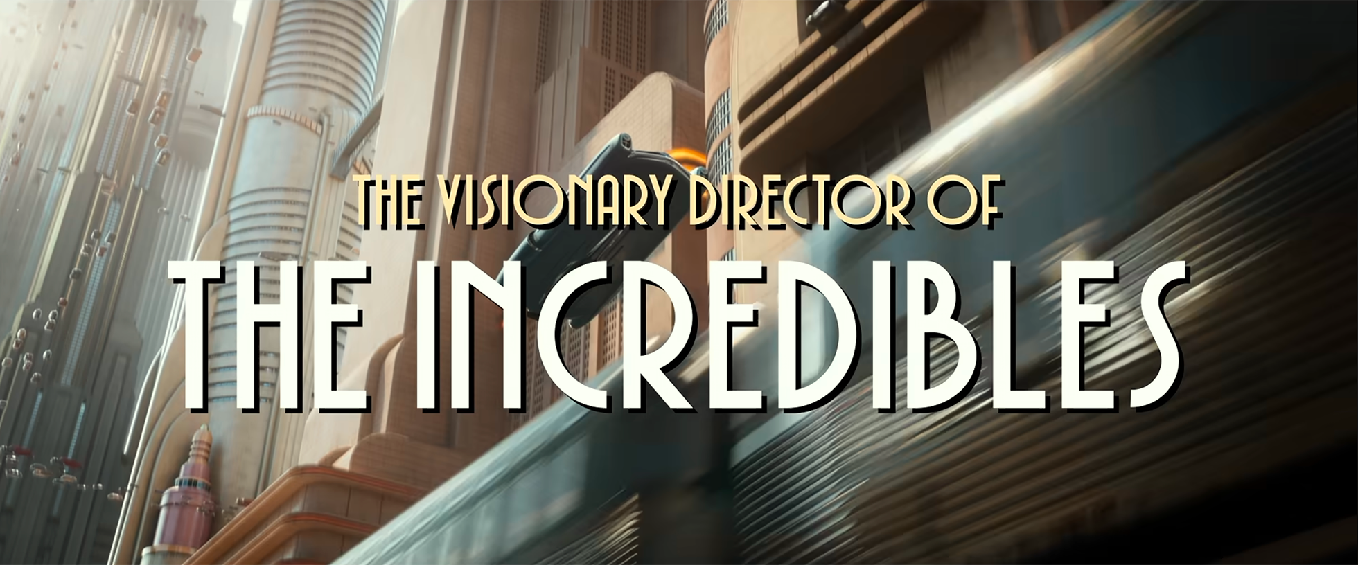 Cityscape with tall futuristic buildings and a high-speed train in motion, with overlay text: 'The visionary director of the incredible'.