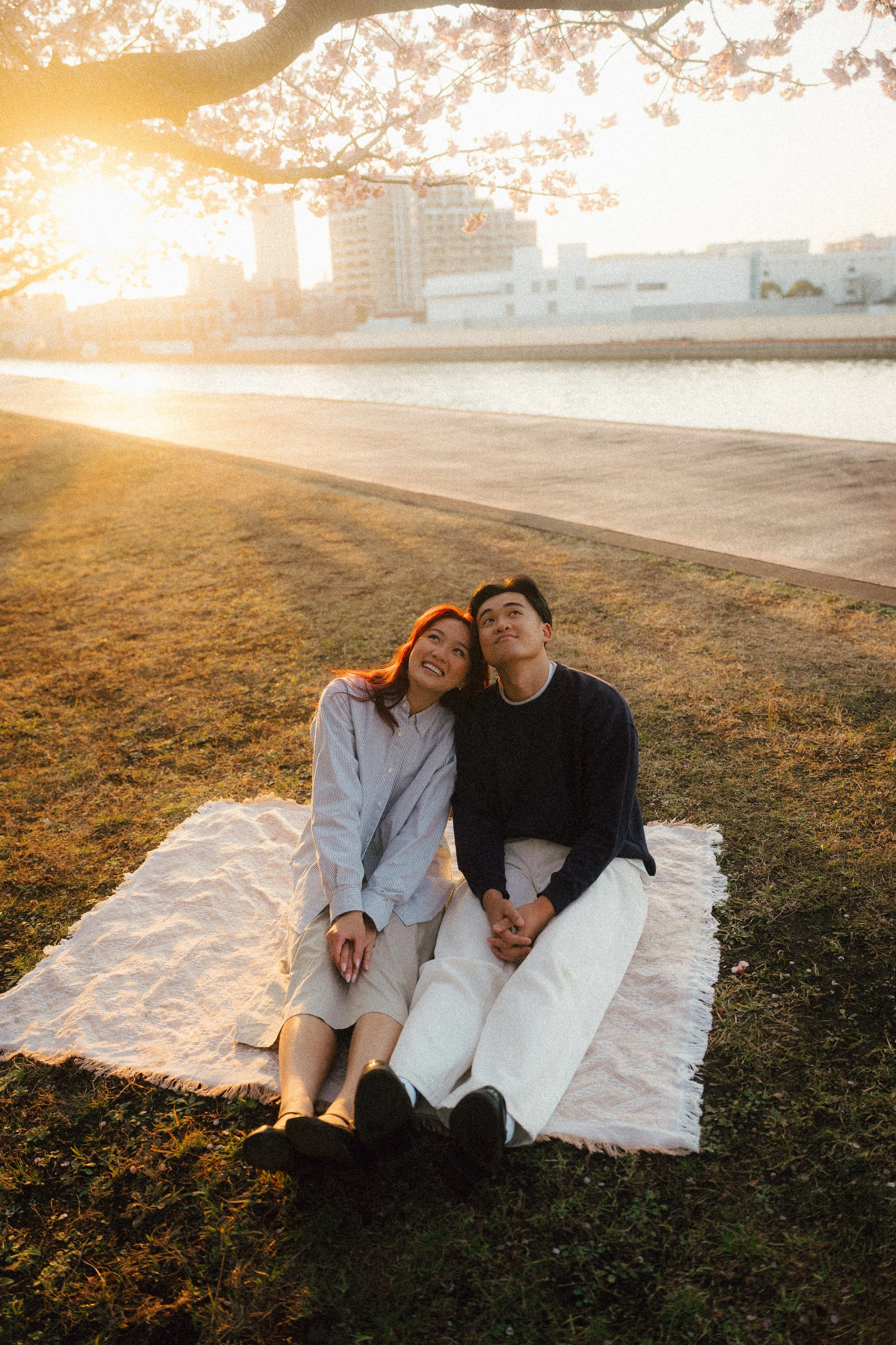 Sunset photo session during sakura season, couple looking at the sky - documentary photography