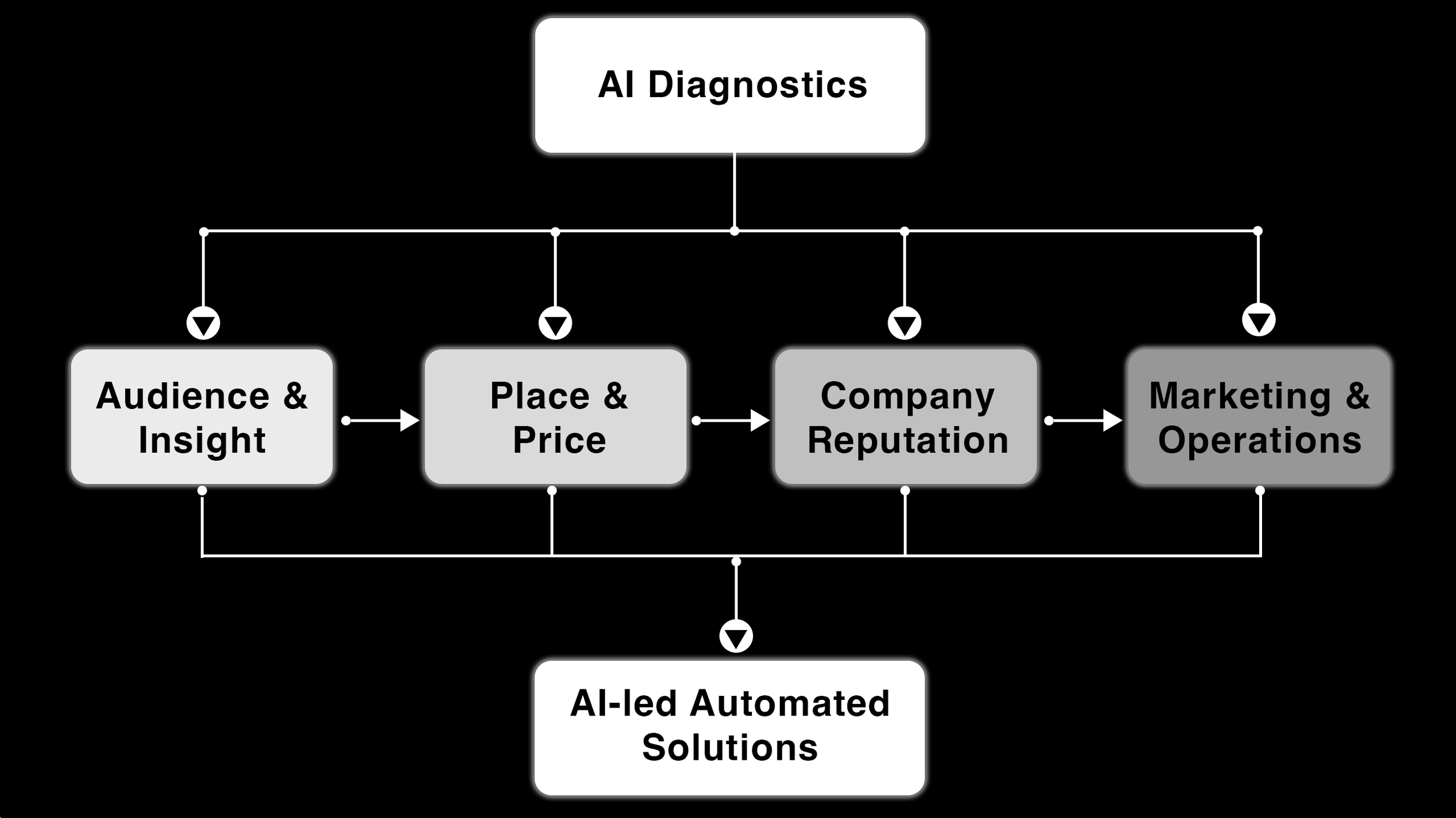 Flowchart titled 'AI Diagnostics' illustrating connections between 'Audience & Insight,' 'Place & Price,' 'Company Reputation,' and 'Marketing & Operations' with 'AI-led Automated Solutions' at the bottom.