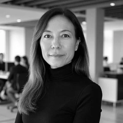 A woman with long hair in a black turtleneck, smiling softly in an indoor setting with people and office furniture in the background.