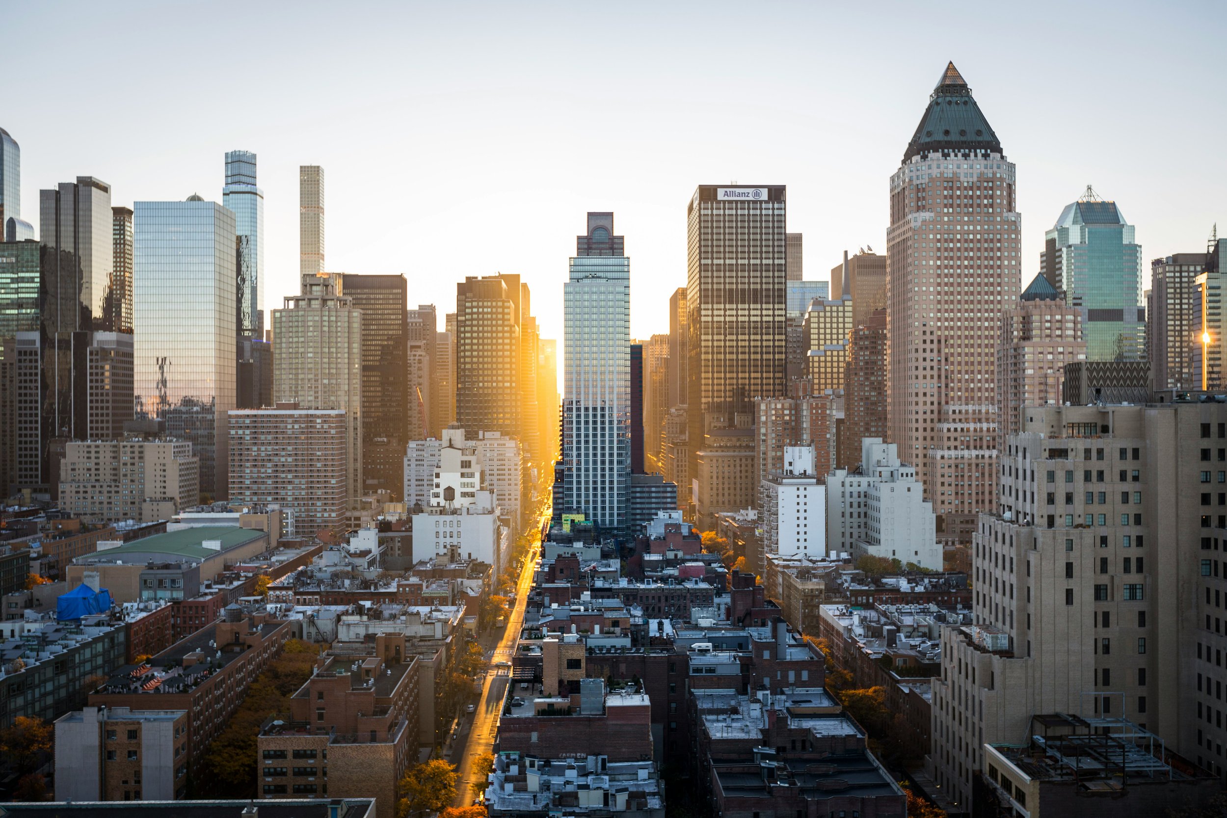 New York Skyline with morning sun shining through the buildings