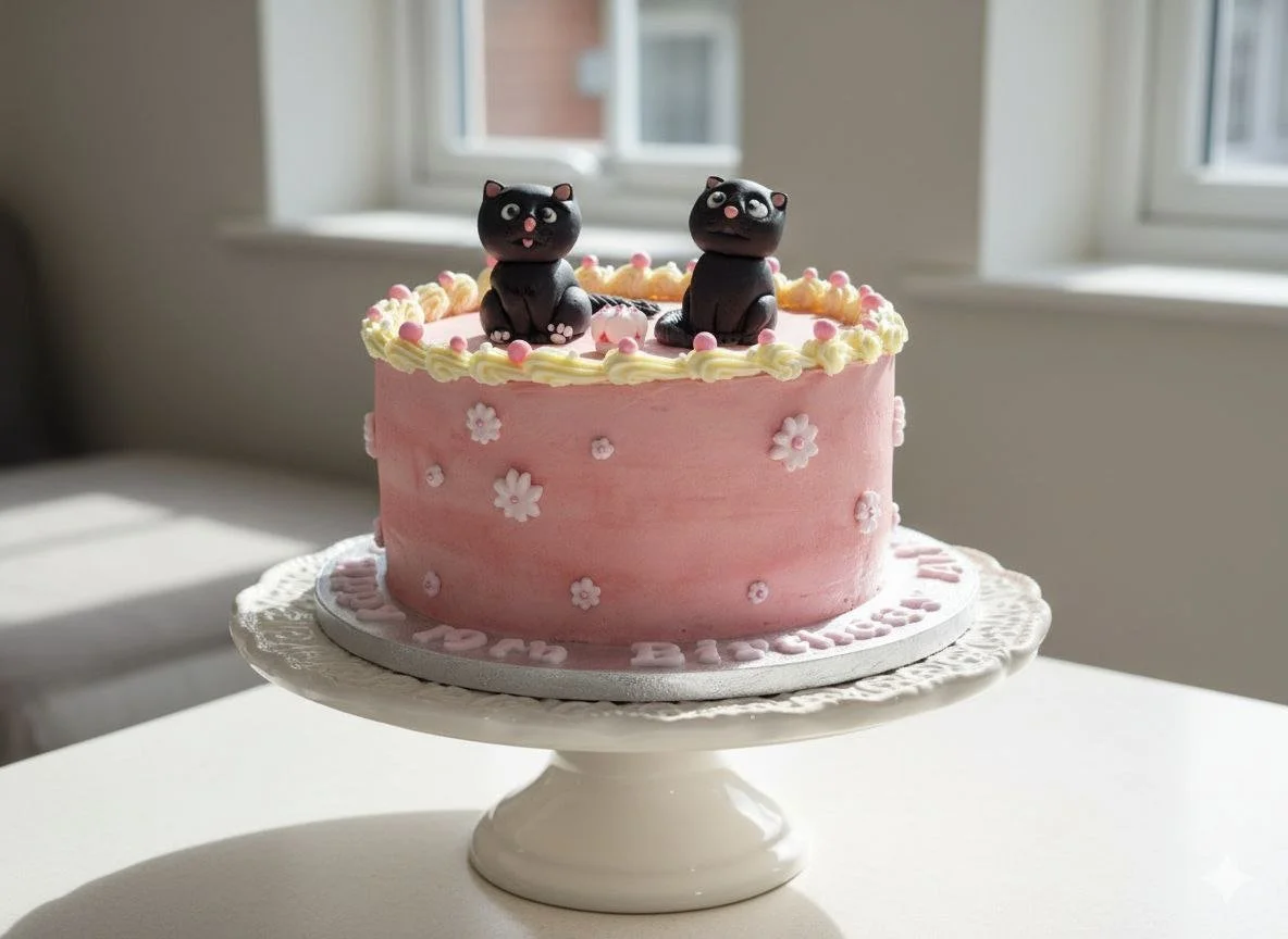 Vanilla sponge with hand-made cat toppers 