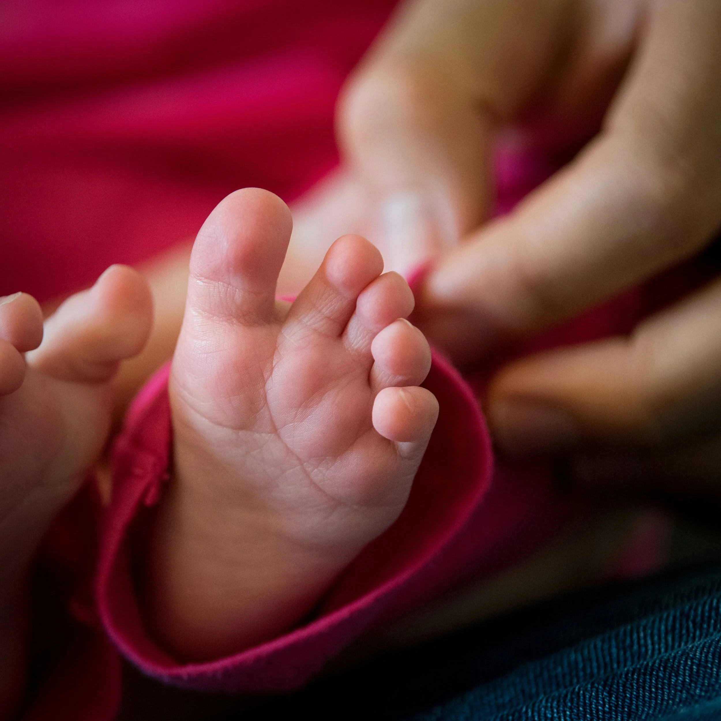 Newborn baby feet in a pink outfit