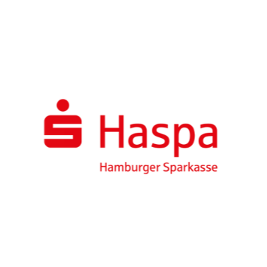 The Haspa Hamburger Sparkasse logo in red, featuring text and a symbol on a black background.
