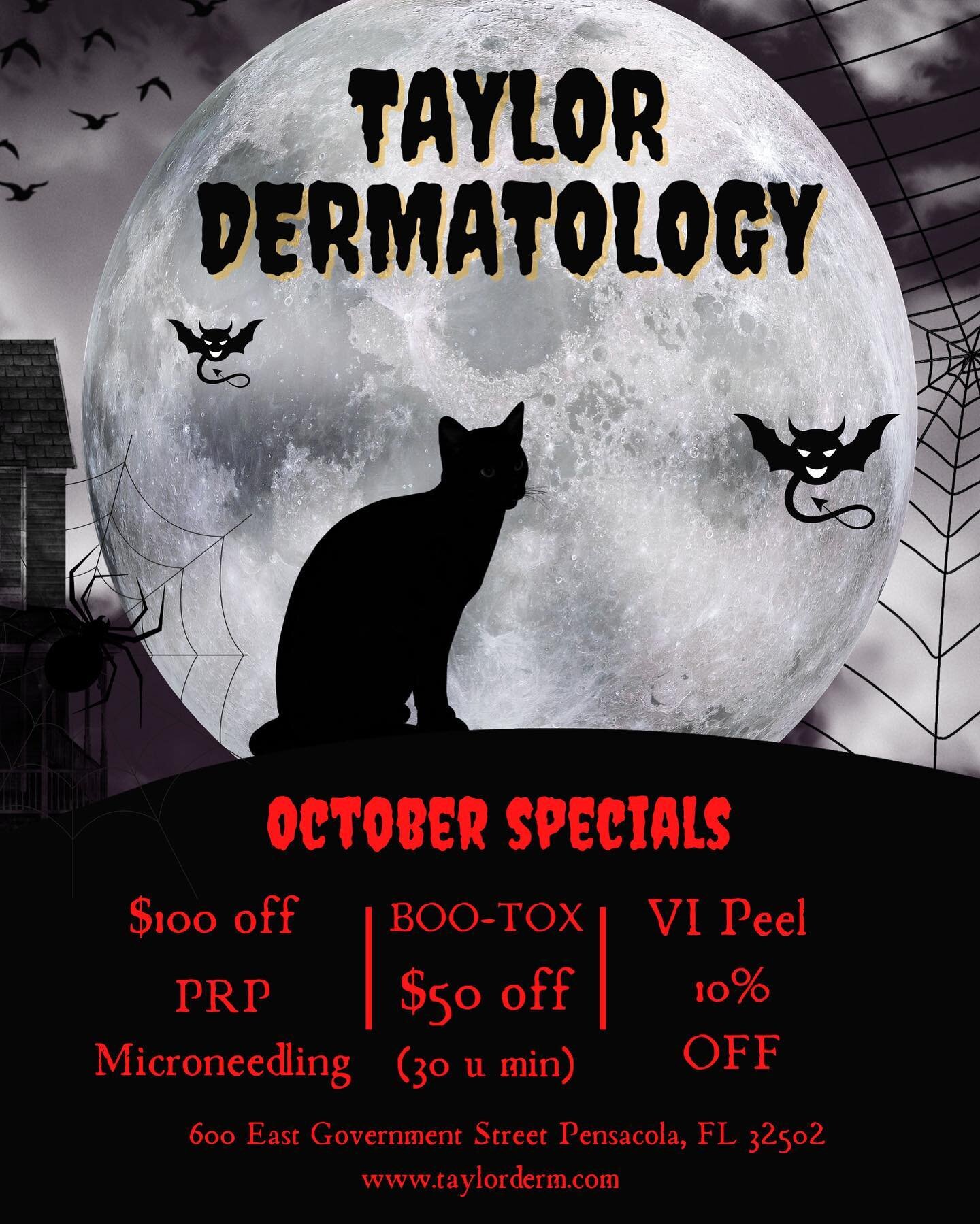 It&rsquo;s officially October! 🕷 Dr. Taylor&rsquo;s favorite month, so we&rsquo;re bringing out our best specials yet. 🙌🏻

🩸 PRP Facials are $100 off this month only
💉 Boo-tox is $50 off (30u min)
💆🏻&zwj;♀️ Vi Peels are 10% off 

Book online w