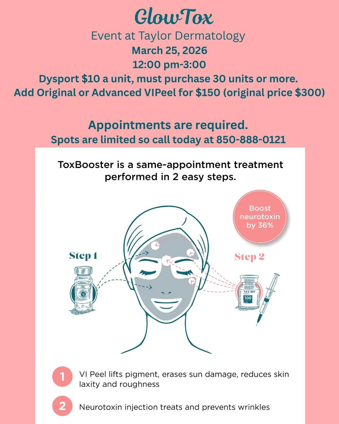 ✨ Glowtox Event ✨
Join us on March 25 from 12&ndash;3 PM for exclusive savings on your favorite treatments!

💉 Dysport: $10/unit (30 unit minimum)
✨ Add a VI Peel for just $150 (reg. $300)

Enhance your results with our ToxBooster&mdash;designed to 