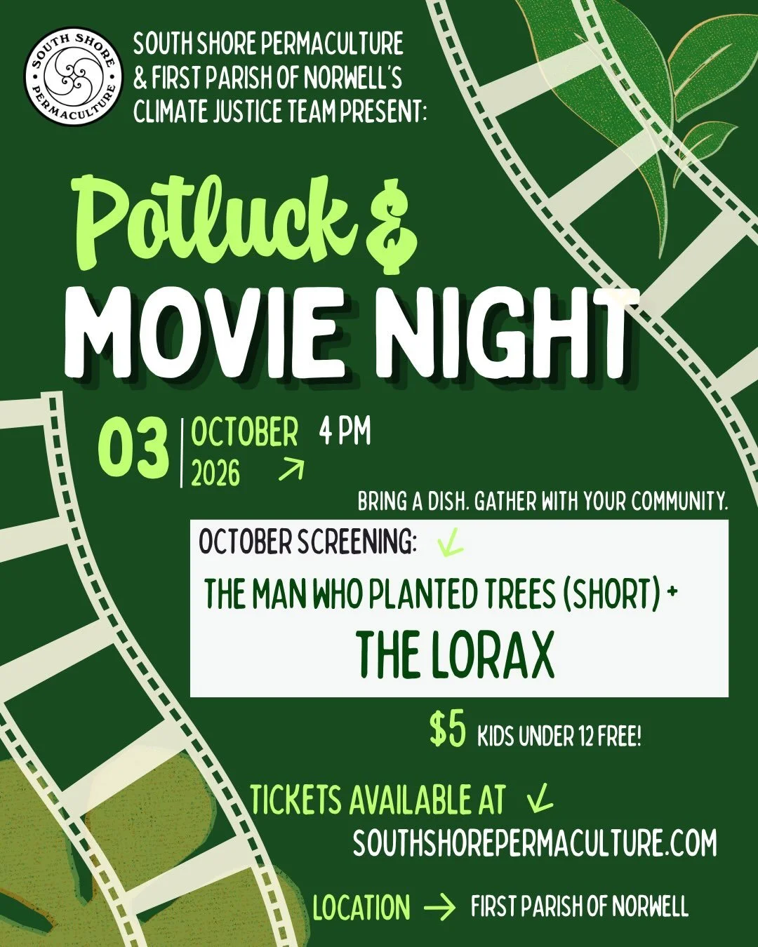 Join us for a family friendly evening of good food, great company, and not one but TWO movies! First up is the beautiful animated short film &lsquo;The Man Who Planted Trees&rsquo; followed by &lsquo;The Lorax&rsquo;. 

Saturday, October 3rd - 4pm
Fi