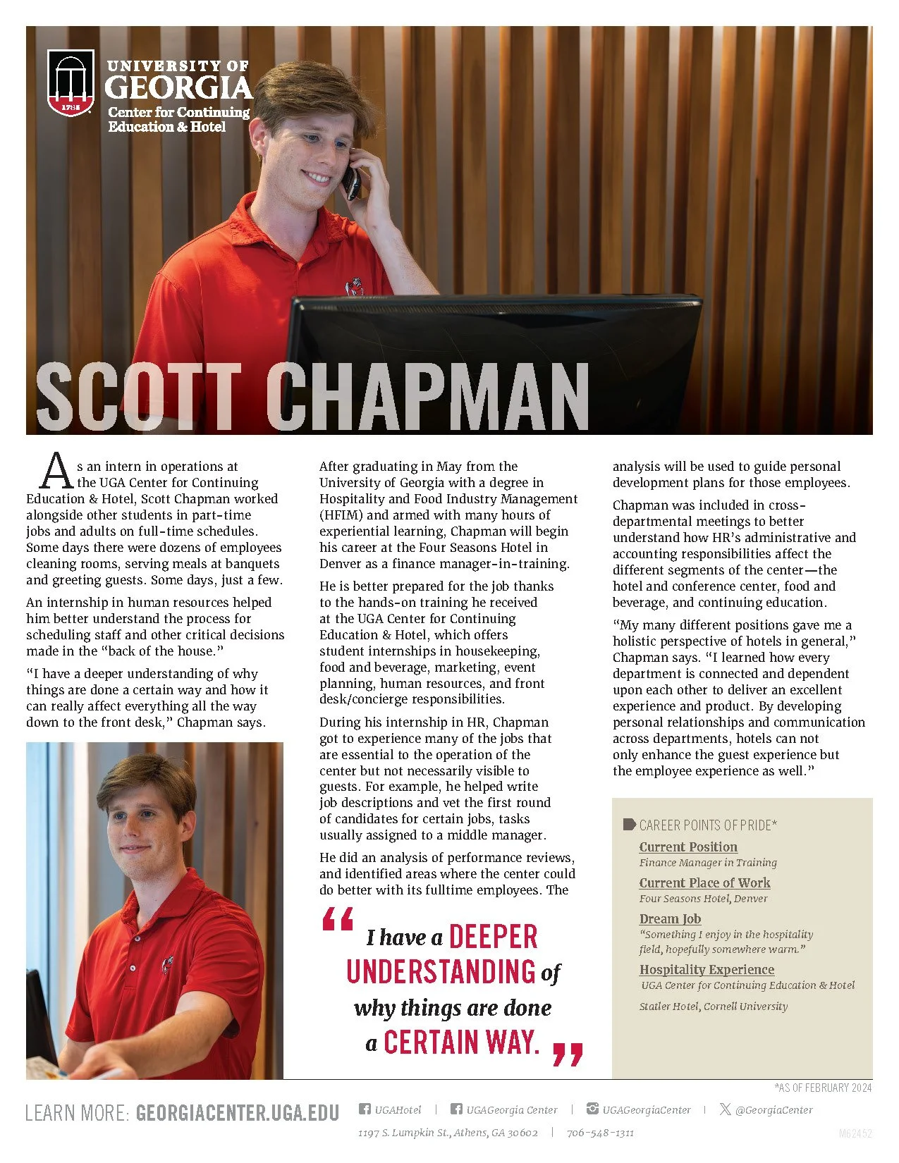 A profile of Scott Chapman, a HFIM intern. Below a header image, a story details his personal hospitality journey, with career points of pride listed in the bottom right.