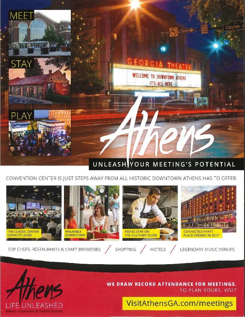 A flier promoting Athens, Georgia as a great place to host meetings. Bold colors and dynamic images are meant to capture the attention of anyone who sees it.