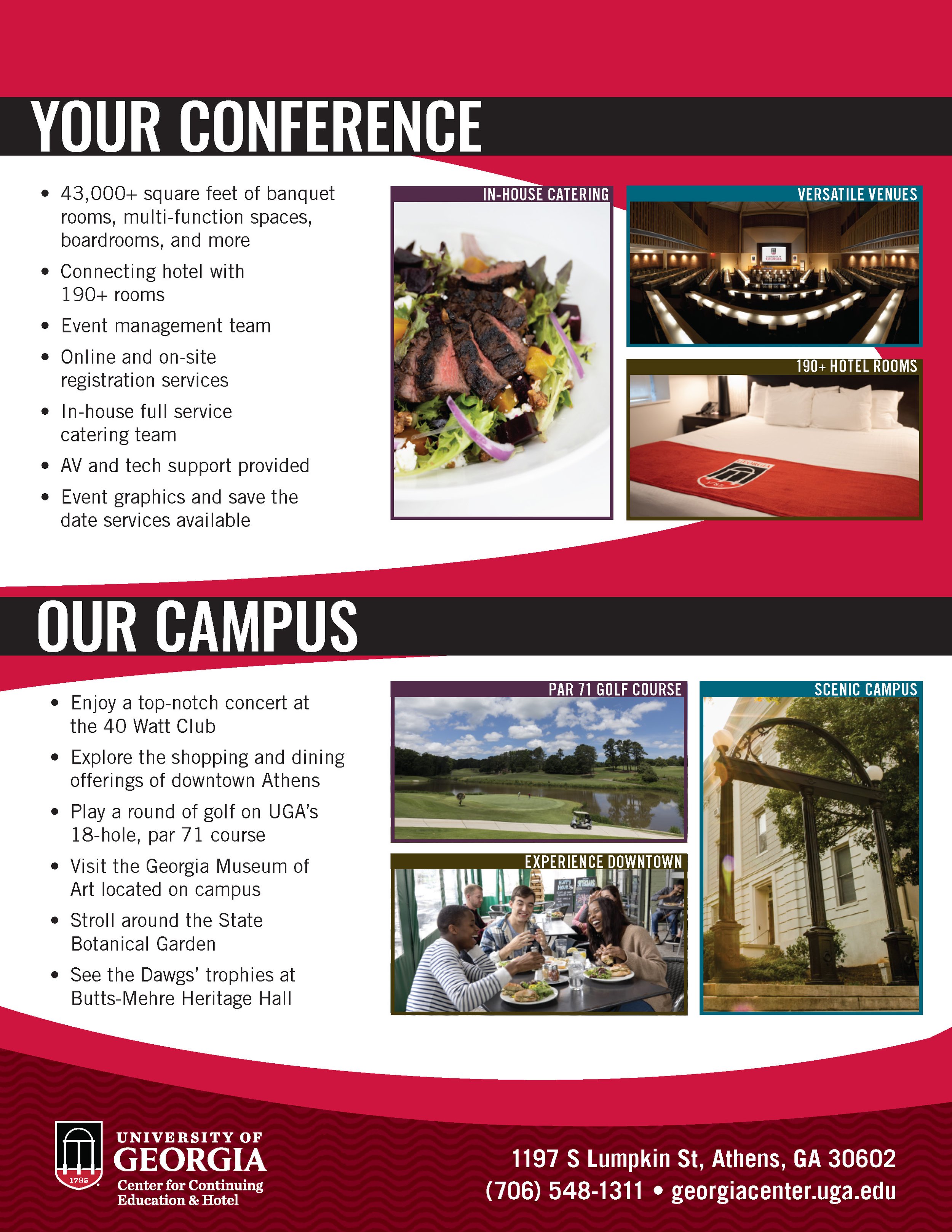 A one-page promotional flier split into two halves detailing conference and campus amenities respectively. On the left of each is a list of amenities, and on the right are relevant pictures.