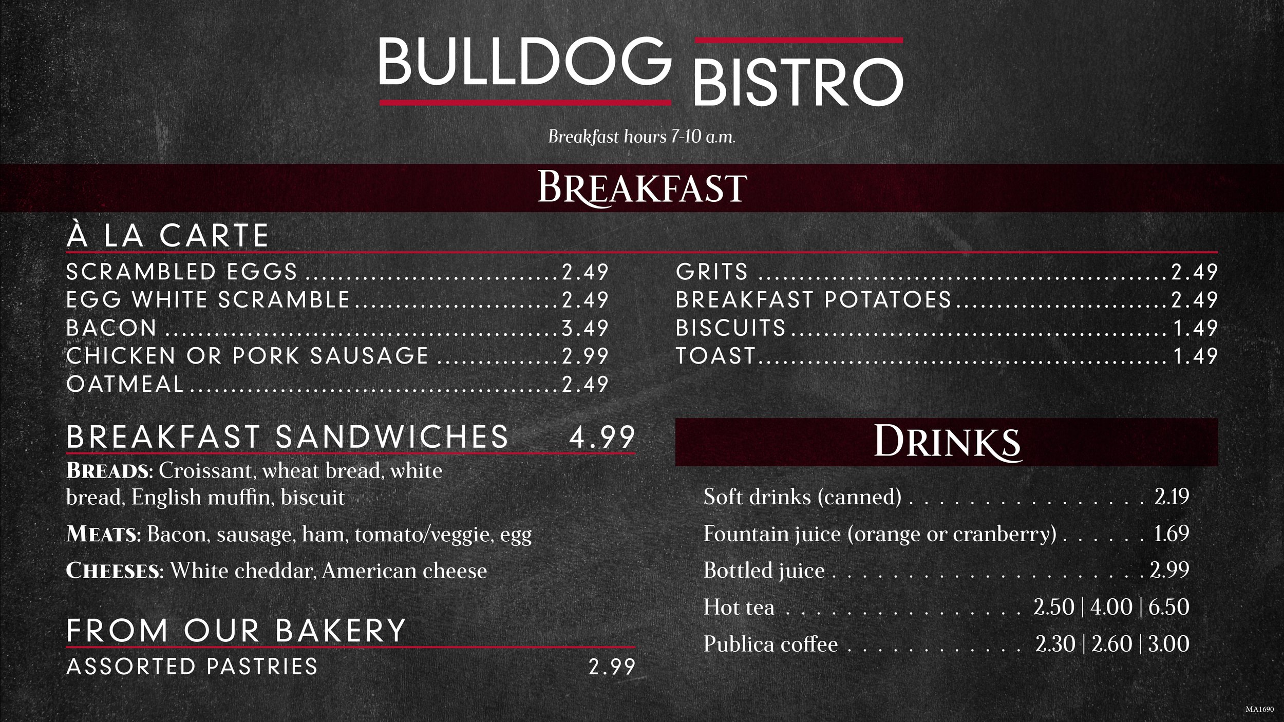 A menu screen for the Bulldog Bistro. The background is a chalkboard texture, while a mix of different fonts displays menu items and prices.
