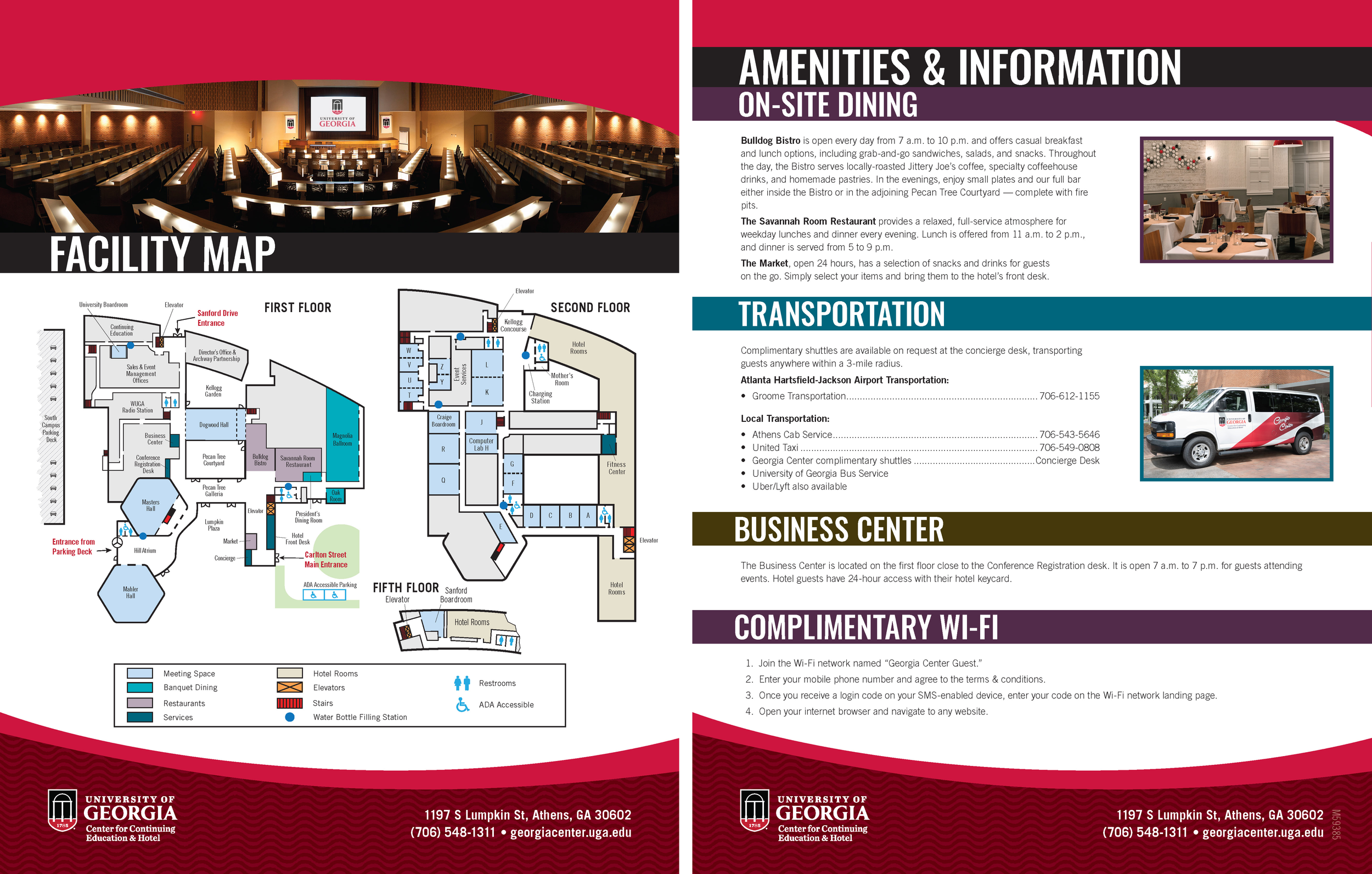 Two sides of an informational flier. The front side shows a facility map, while the back side lists amenities like on-site dining and transportation. Both sides contain bright red headers and footers, as well as bold headers separating each section.
