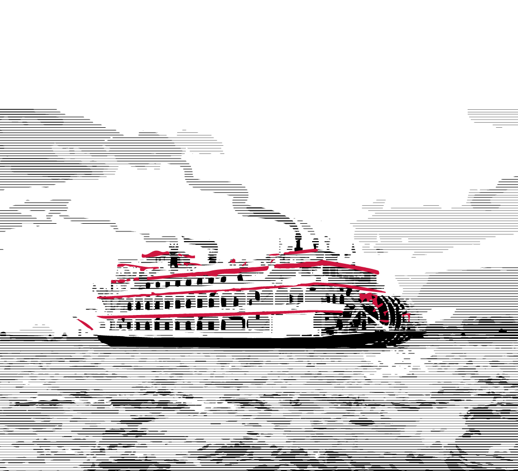 A woodcut-style illustration of a Savannah riverboat. The deck trim is in Bulldog Red, while the rest is black and white.