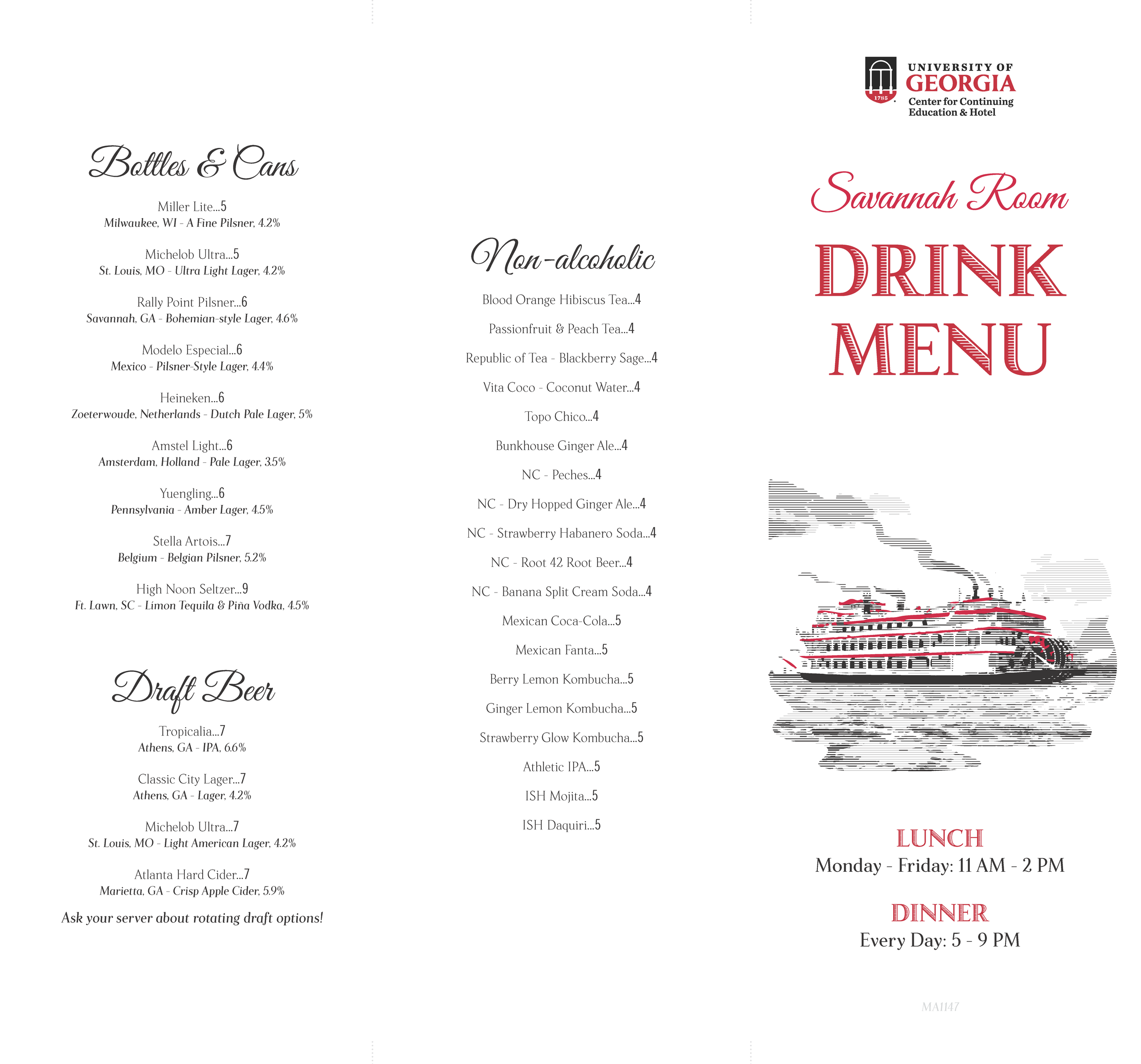 One side of the new Savannah Room drink menu. The front prominently features a woodcut-style illustration of a Savannah riverboat.