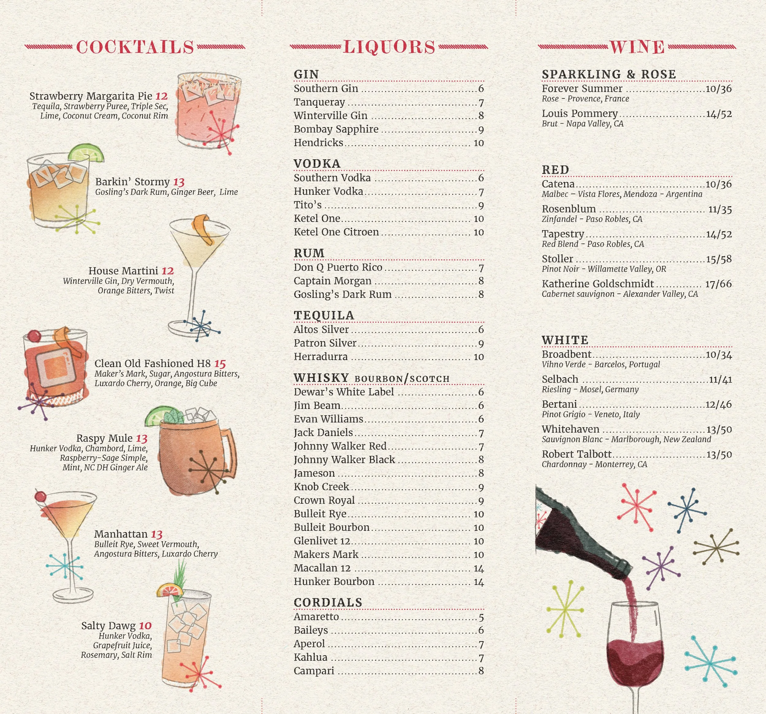 One side of the new Bulldog Bistro drink menu. Most notable is the left flap, featuring seven hand-drawn cocktail illustrations paired with Atomic Age starbursts. An illustration of a wine bottle being poured is in the bottom right below the wines.