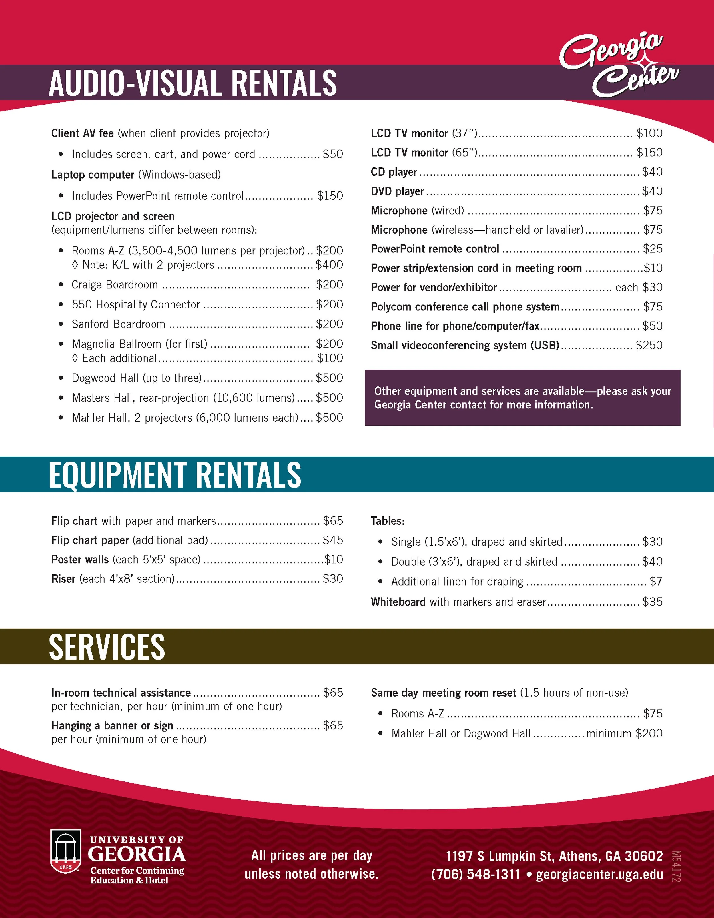 A list of audio-visual rentals, equipment rentals, and services available to event clients, formatted in a two-column layout.