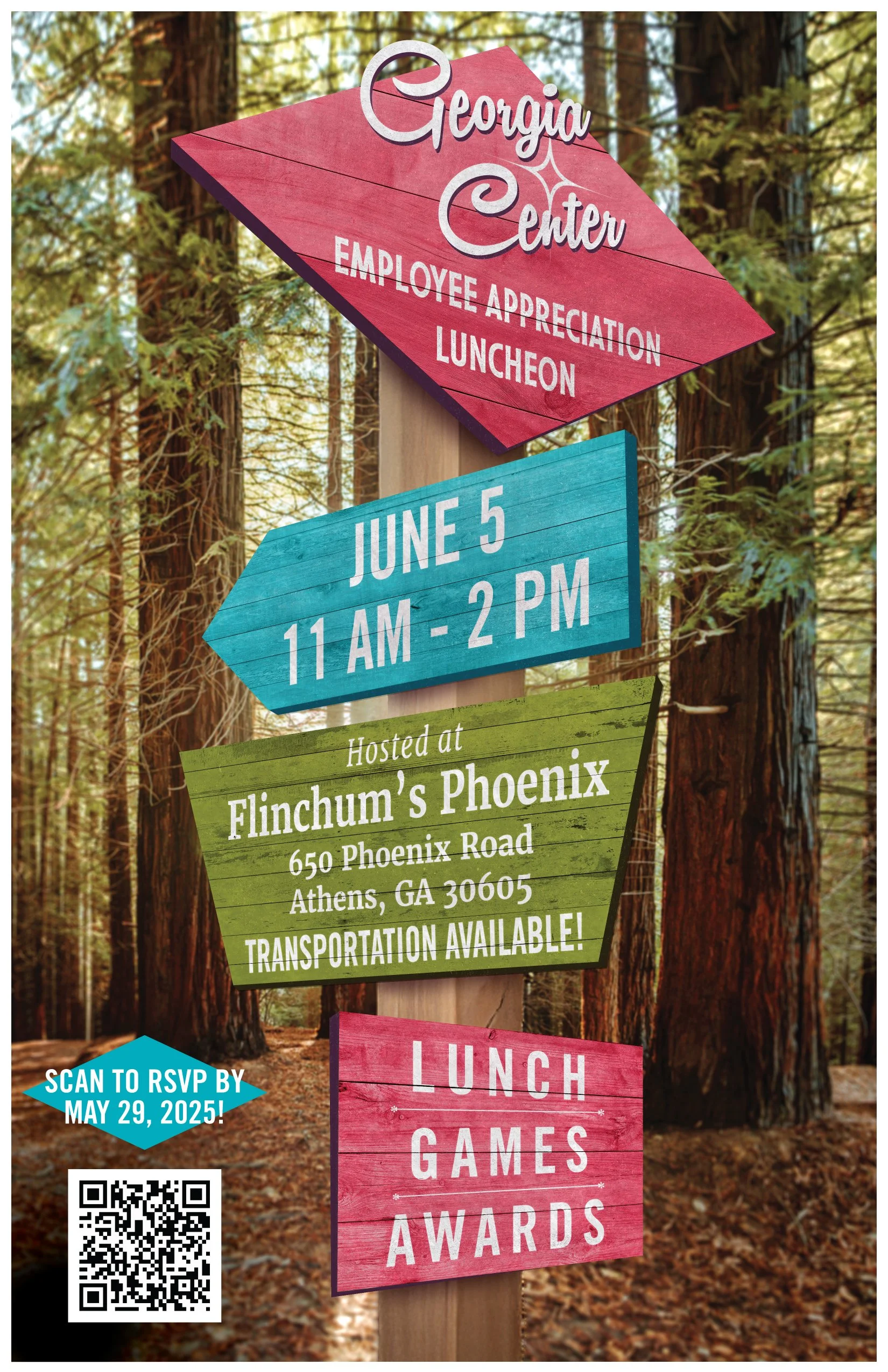 A poster for the Georgia Center Employee Appreciation Luncheon. A wooden signpost stands in the middle of a forest, with four wooden signs of multiple colors detailing the event date, location, time, and included activities.