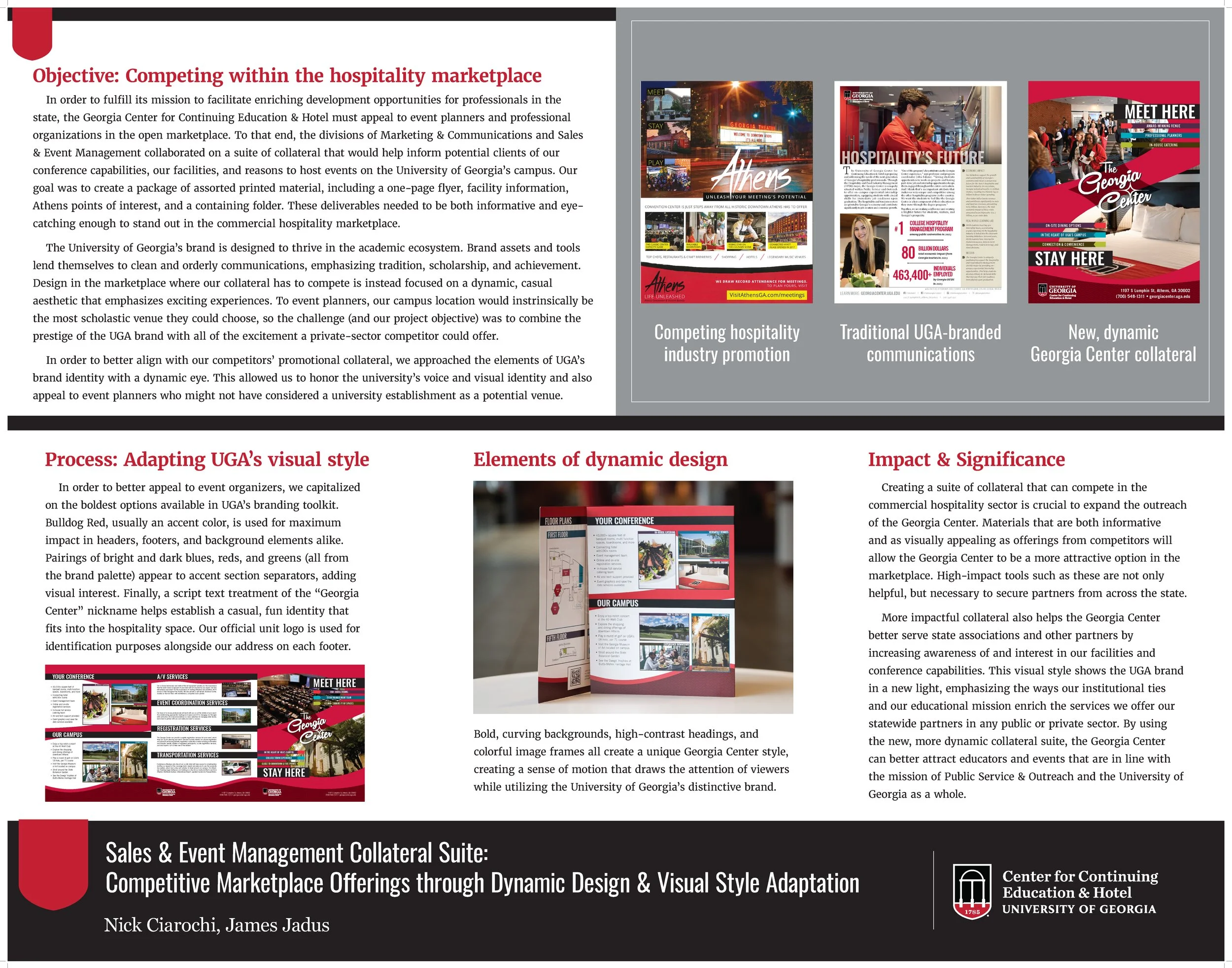 An academic poster about the new Sales & Event Management Collateral Suite. It details the objective of competing within the hospitality marketplace, as well as the process of adapting UGA's visual style from academics to hospitality.