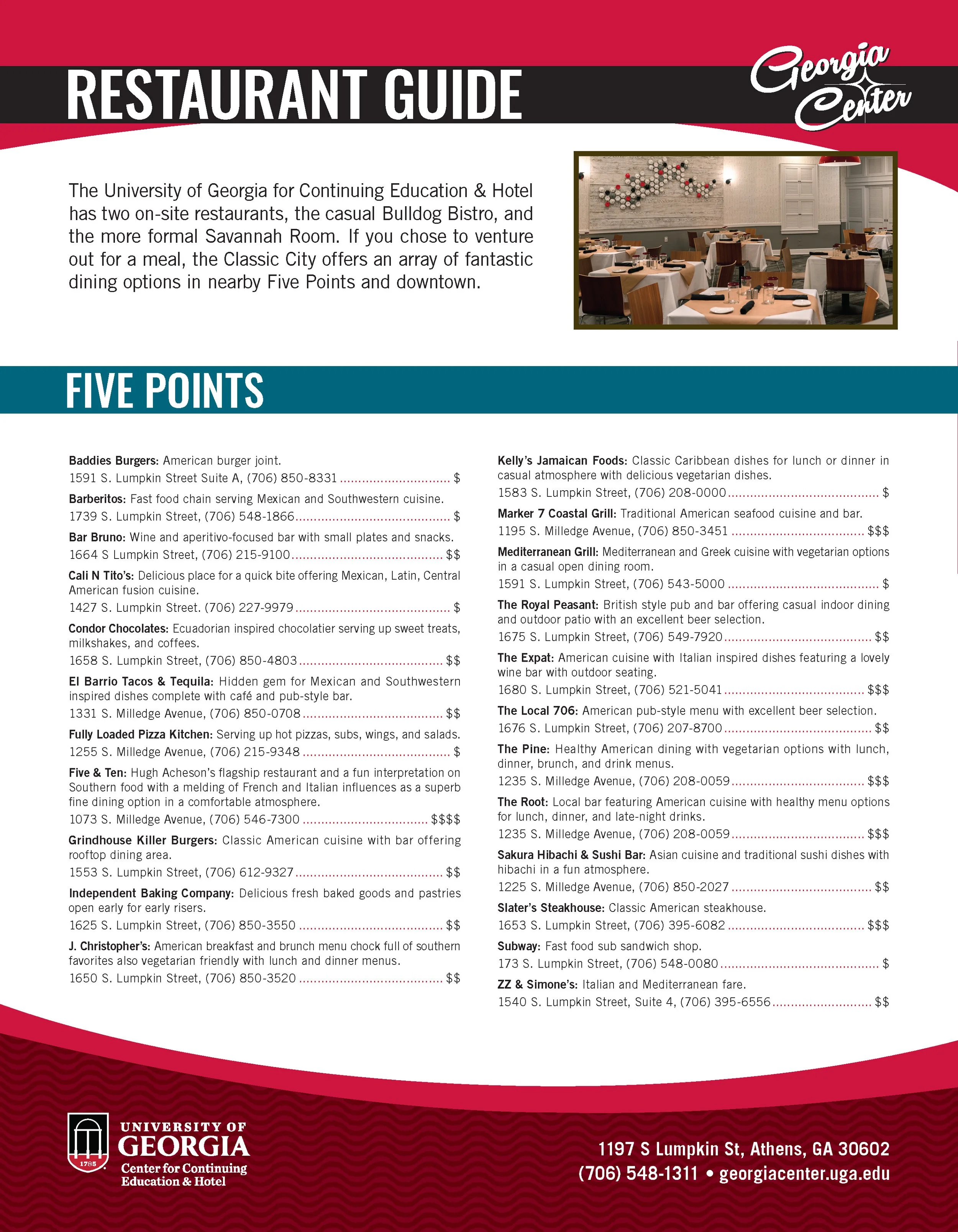 A guide to restaurants local to Athens, Georgia. The displayed page shows a section for Five Points, listing restaurant names, descriptions, addresses, contact info, and general price ranges.