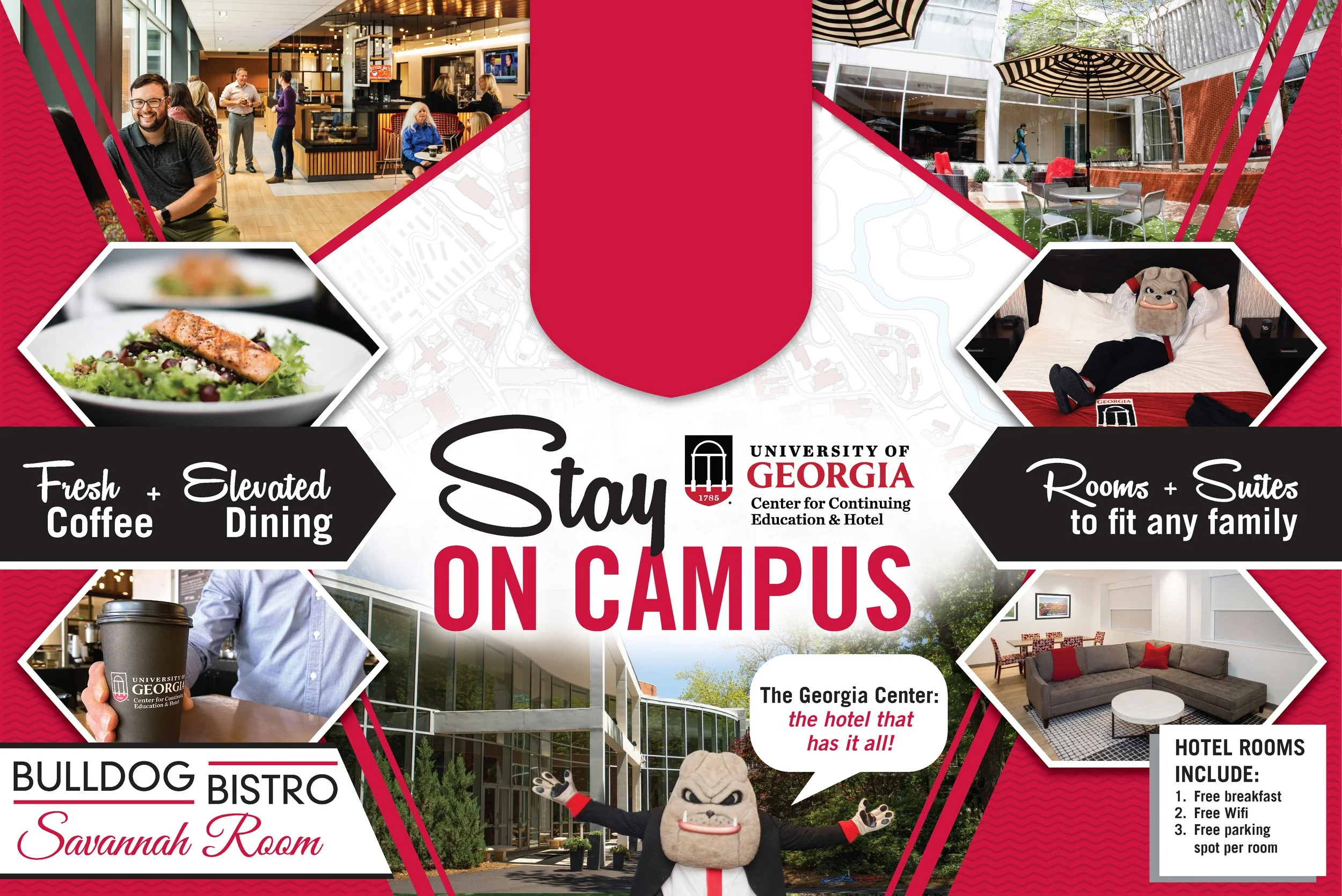 An older triboard spread showcasing the Georgia Center. The left side showcases the Bulldog Bistro and Savannah Room restaurants, while the right highlights the building's hotel rooms.