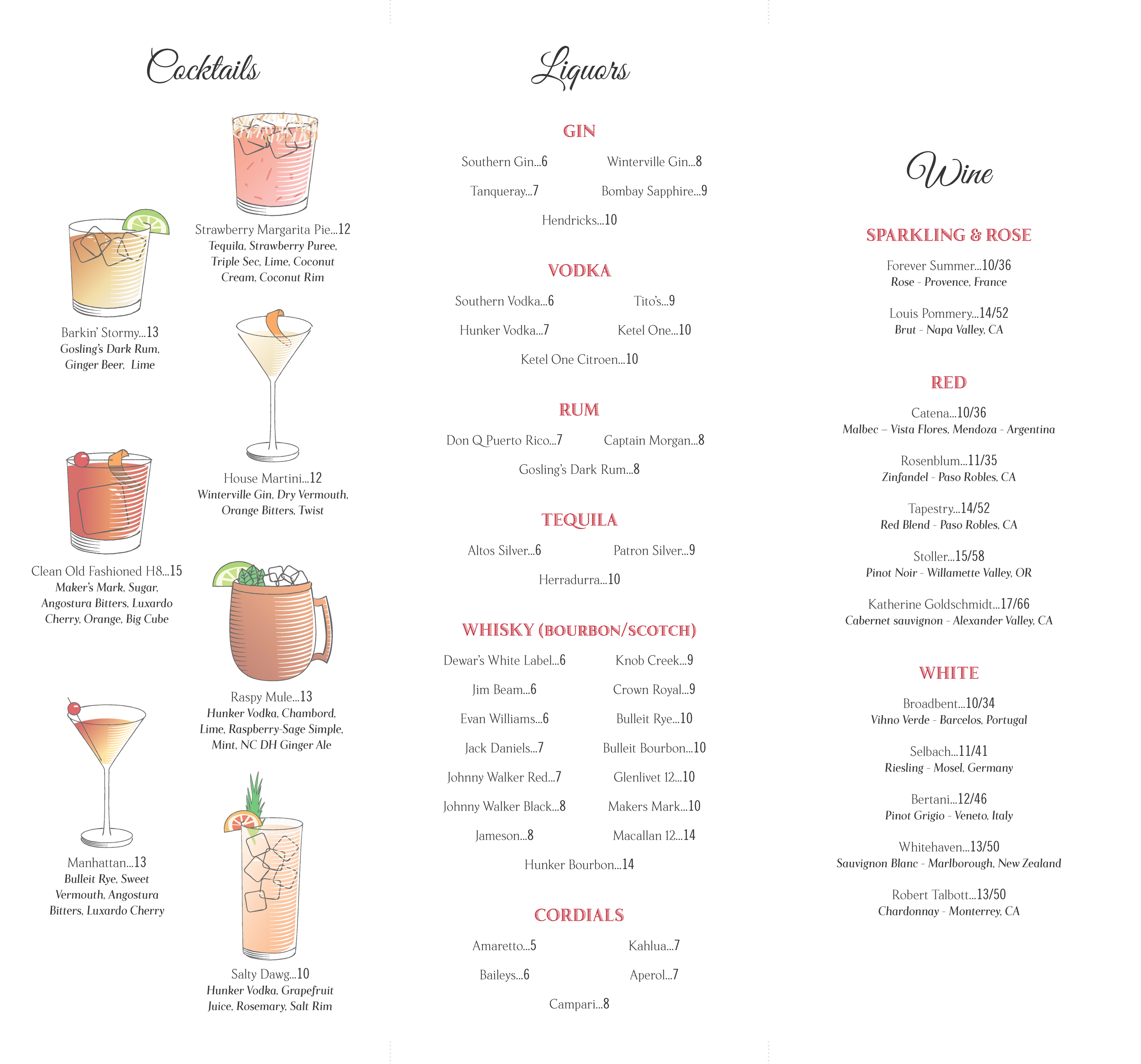 One side of the new Savannah Room drink menu. Most notable are the seven hand-illustrated cocktails pictured on the left flap, with slight woodcut stylings to match the serif text on the menu.