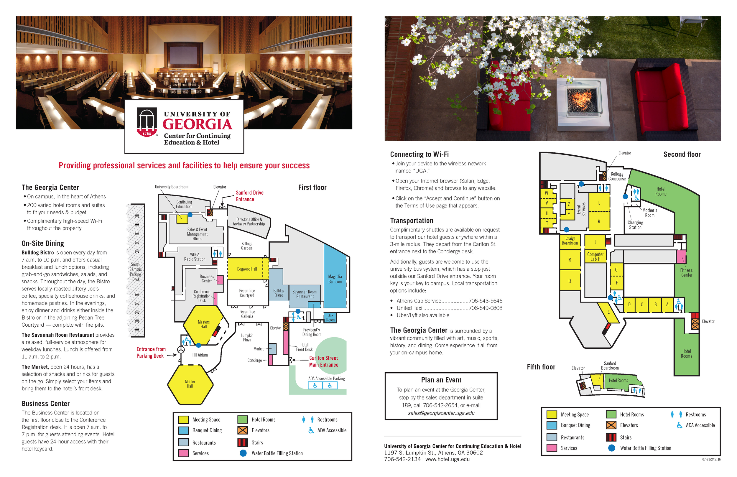 Two sides of an informational flier. The front side shows a first floor map with information about on-site dining, while the back side shows a second and fifth floor map with more information. Both sides use image headers with lots of white.