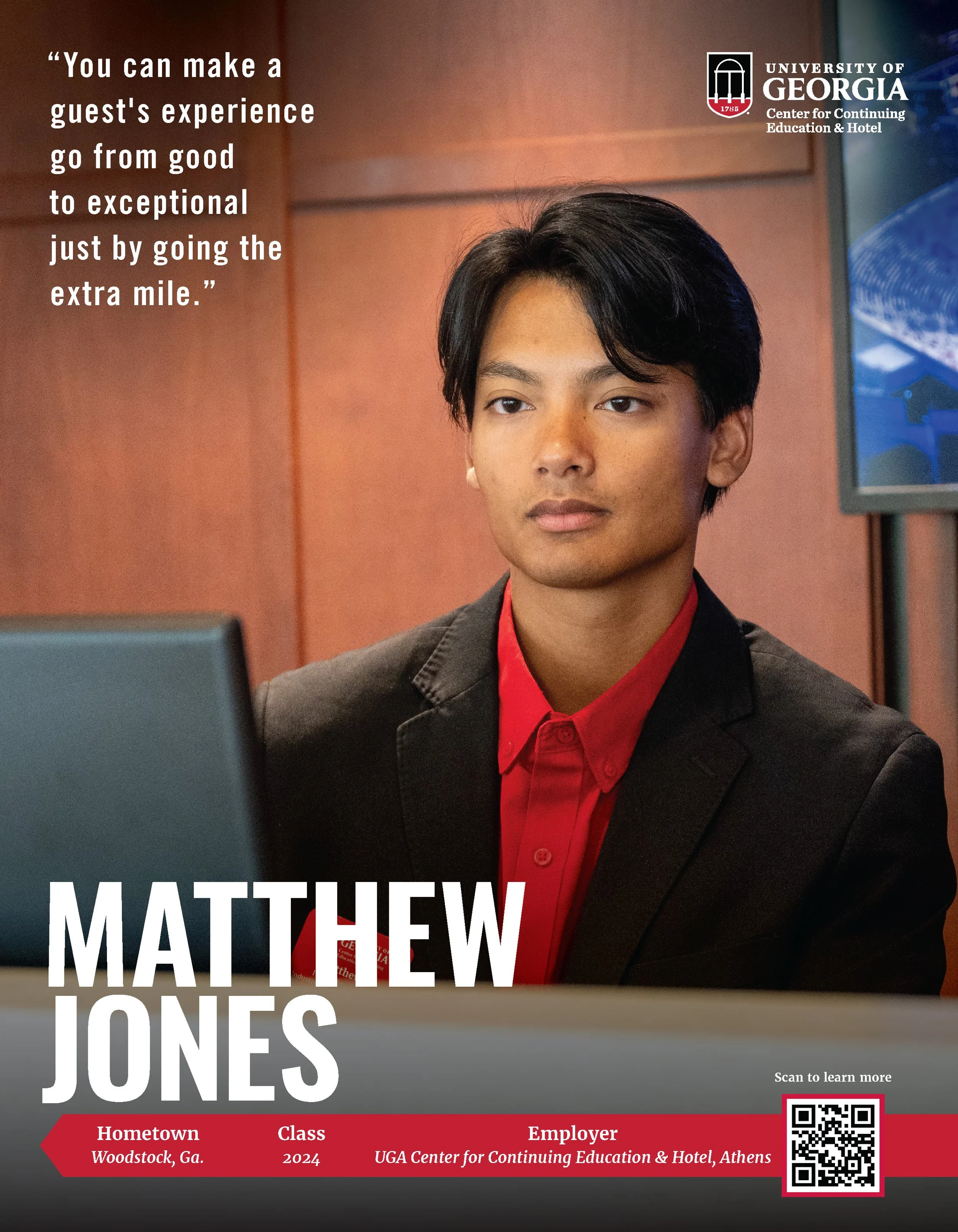 A poster featuring Matthew Jones, an HFIM intern at the Georgia Center. A quote from him is featured in the top left, with personal information on the bottom.