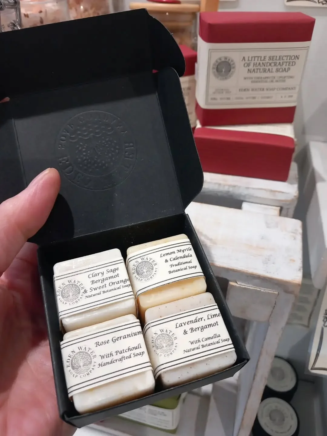 If you haven't tried Eden Water's gorgeous natural soaps these boxes of 4 mini soaps are just the ticket!

These are made using the cold pressed method of soap making which means they are "cured" for up to 8 weeks creating a long lasting ba