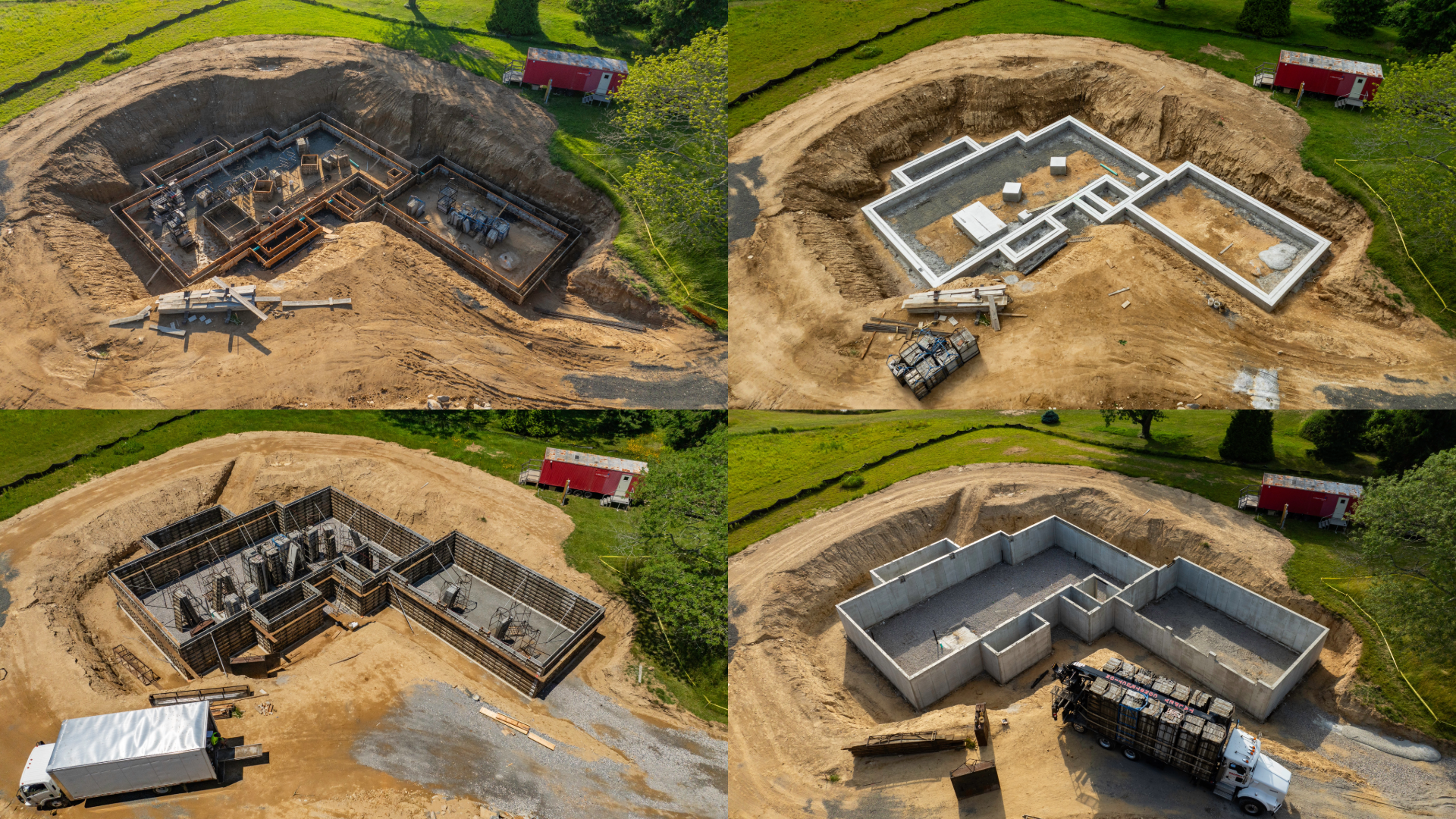 Aerial view of a construction site with four stages of building progress, showing foundation work and concrete walls in a green landscape.