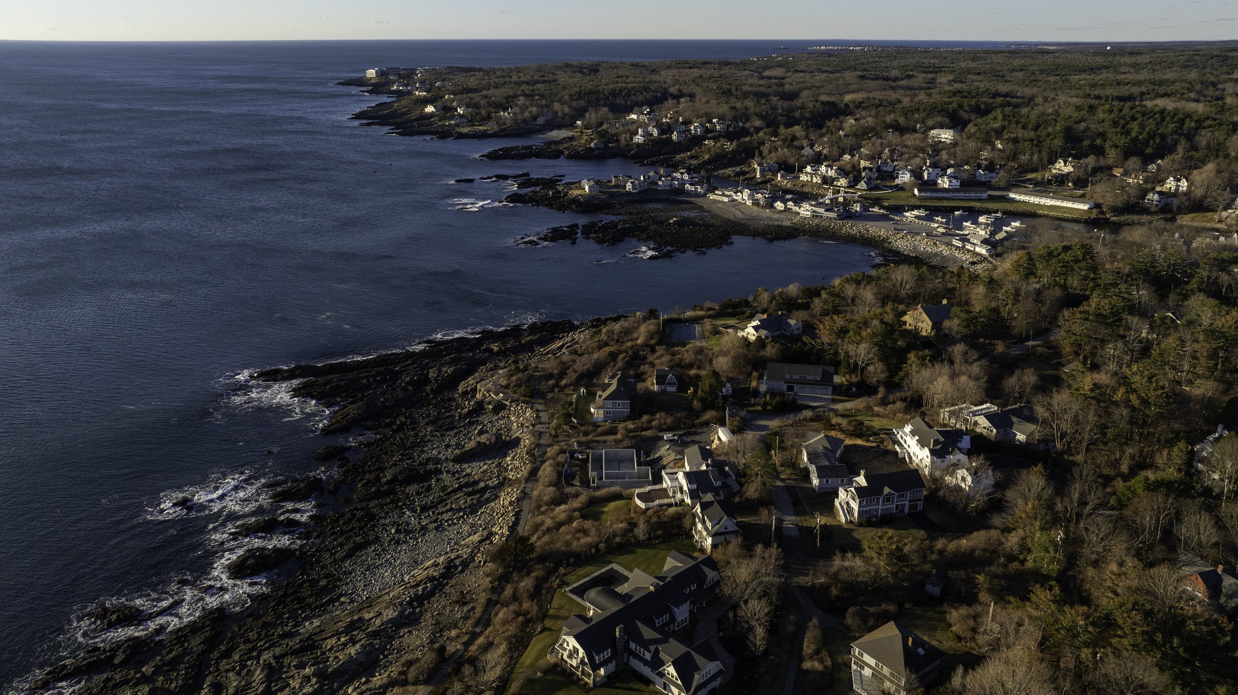 Aerial view of a coastal town with houses surrounded by trees, rocky shoreline, and expansive ocean under a clear sky.