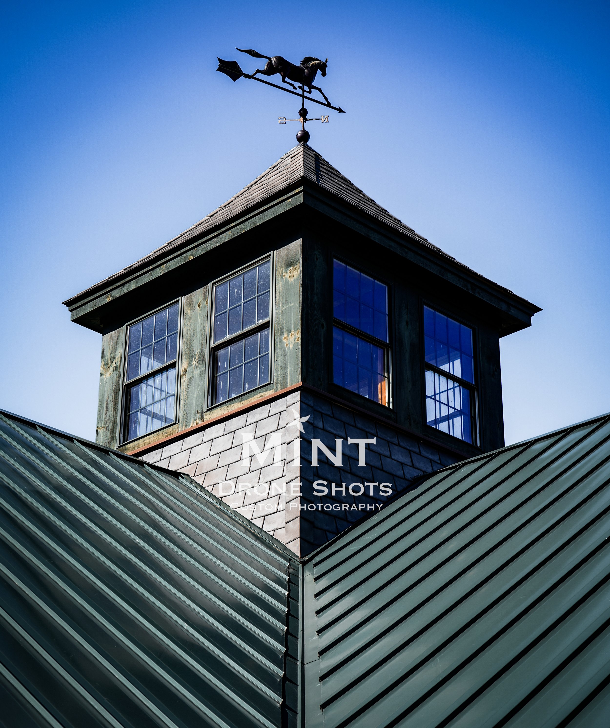 Cupola with weather vane featuring horse design on a building with metal roof, against a clear blue sky.