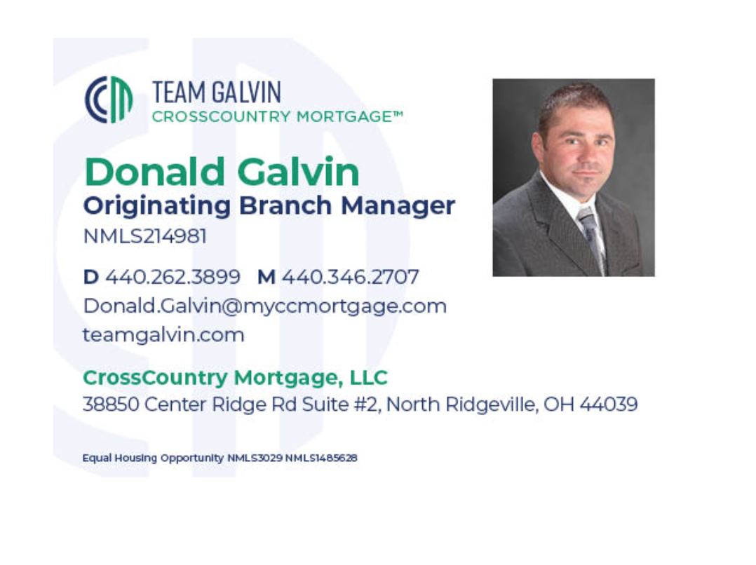 Business card for Donald Galvin, origination branch manager at CrossCountry Mortgage, LLC, showing his contact information and photo.