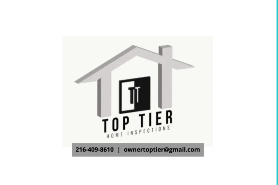 Logo for Top Tier Home Inspections featuring a house outline with a hammer inside, contact number 216-409-8610, and email owner.toptier@gmail.com.