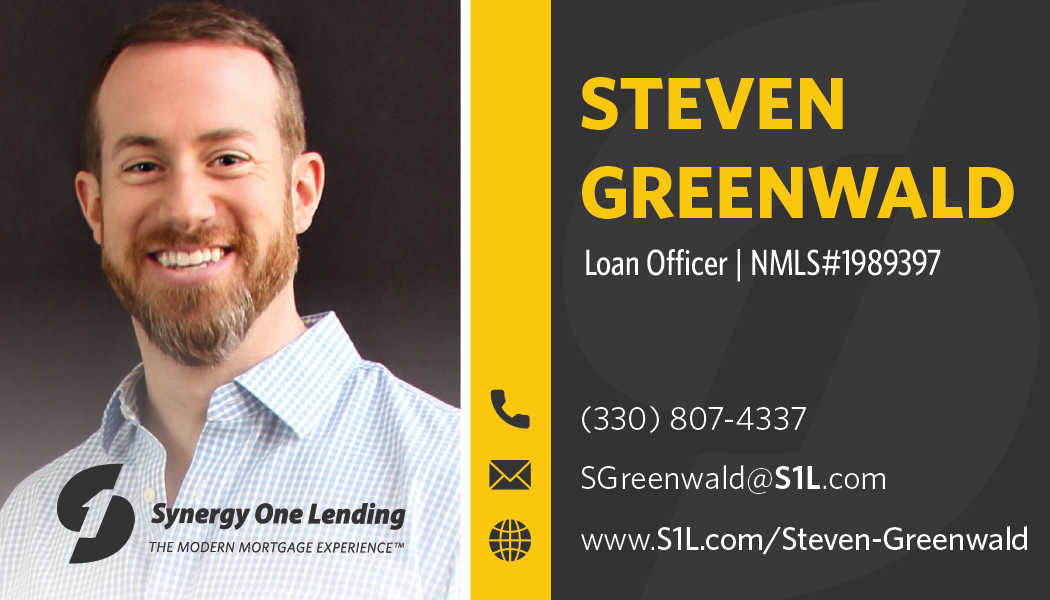 Business card featuring a smiling man with a beard and short hair, wearing a light blue checkered shirt. The card has black, gray, and yellow colors, with contact details for Steven Greenwald, Loan Officer from Synergy One Lending, including phone number, email, and website.