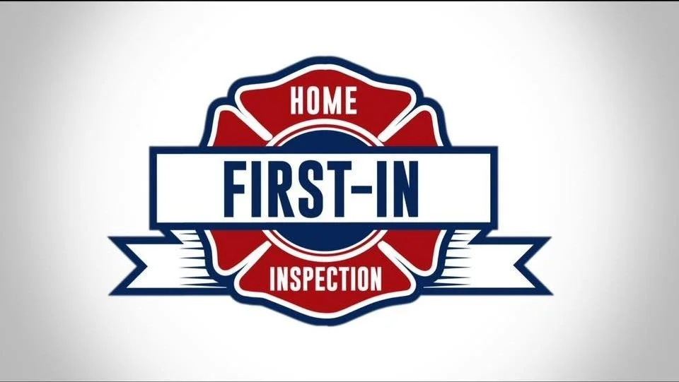 Badge-style logo with a red and blue fire department emblem saying "Home First-In Inspection."