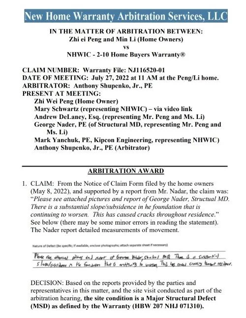New Home Warranty Arbitration Award!