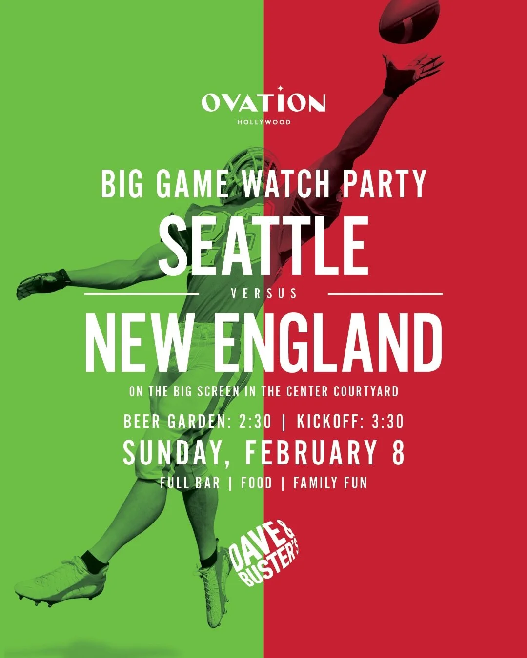 Catch the Big Game on our massive LED screen as we turn the Courtyard into the city&rsquo;s ultimate &ldquo;living room&rdquo;! 🏈 

We&rsquo;ve teamed up with Dave &amp; Buster&rsquo;s for a full bar and tailgate menu, plus face painting and interac