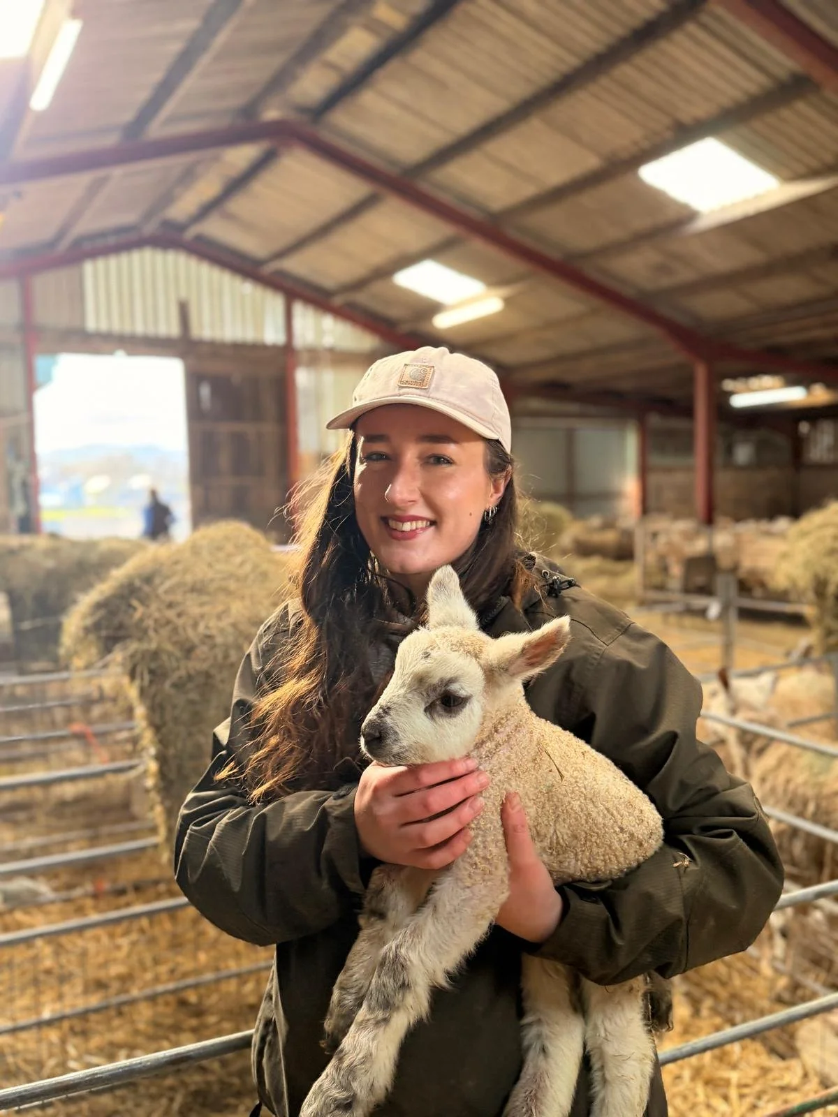 A woman with a white cap holding a young lamb inside a barn.