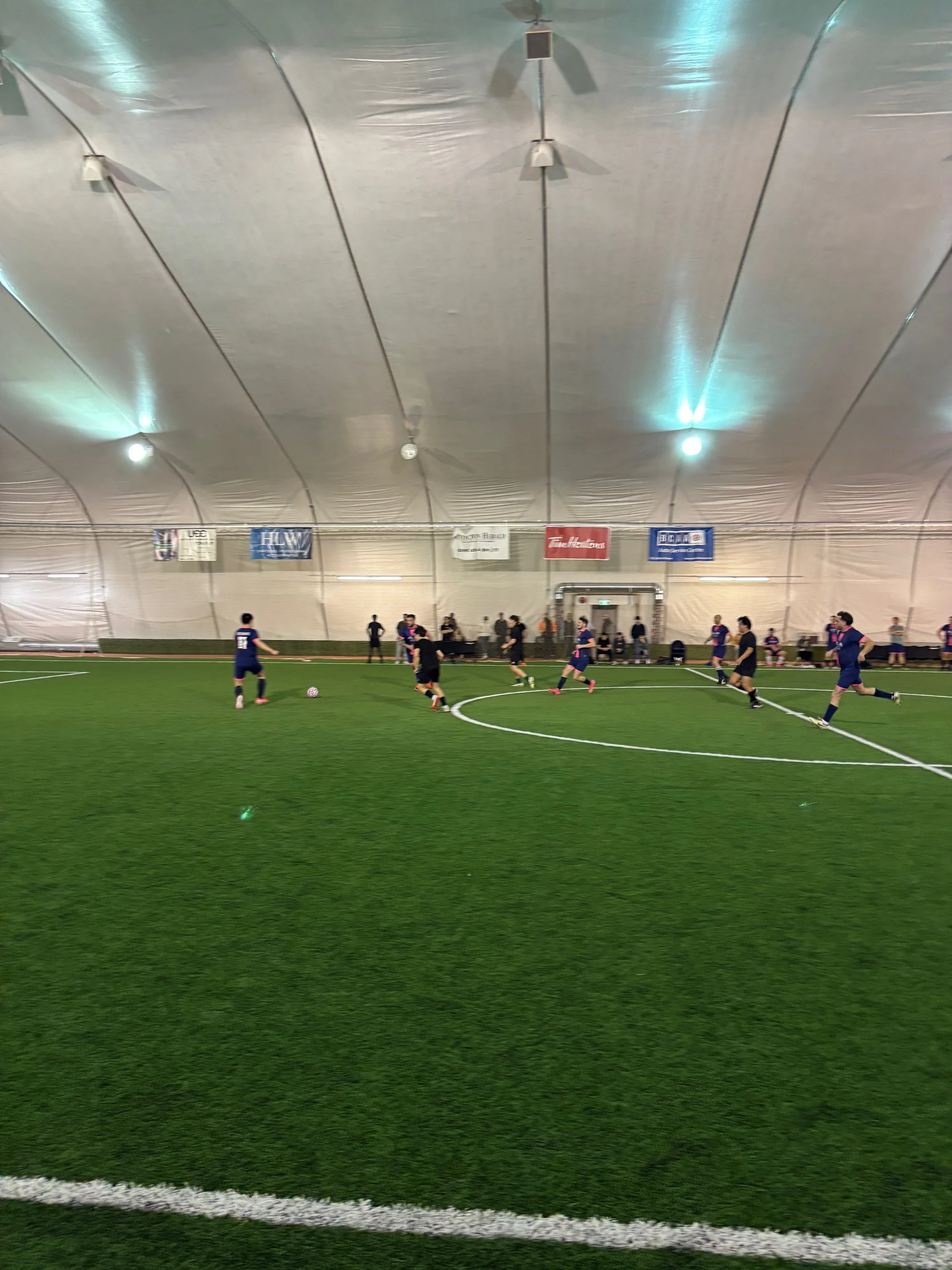 Action from the 2026 Indoor Div 2 Cup Final - Gentlemen FC vs Latin Kings in South Okanagan Men's Soccer League